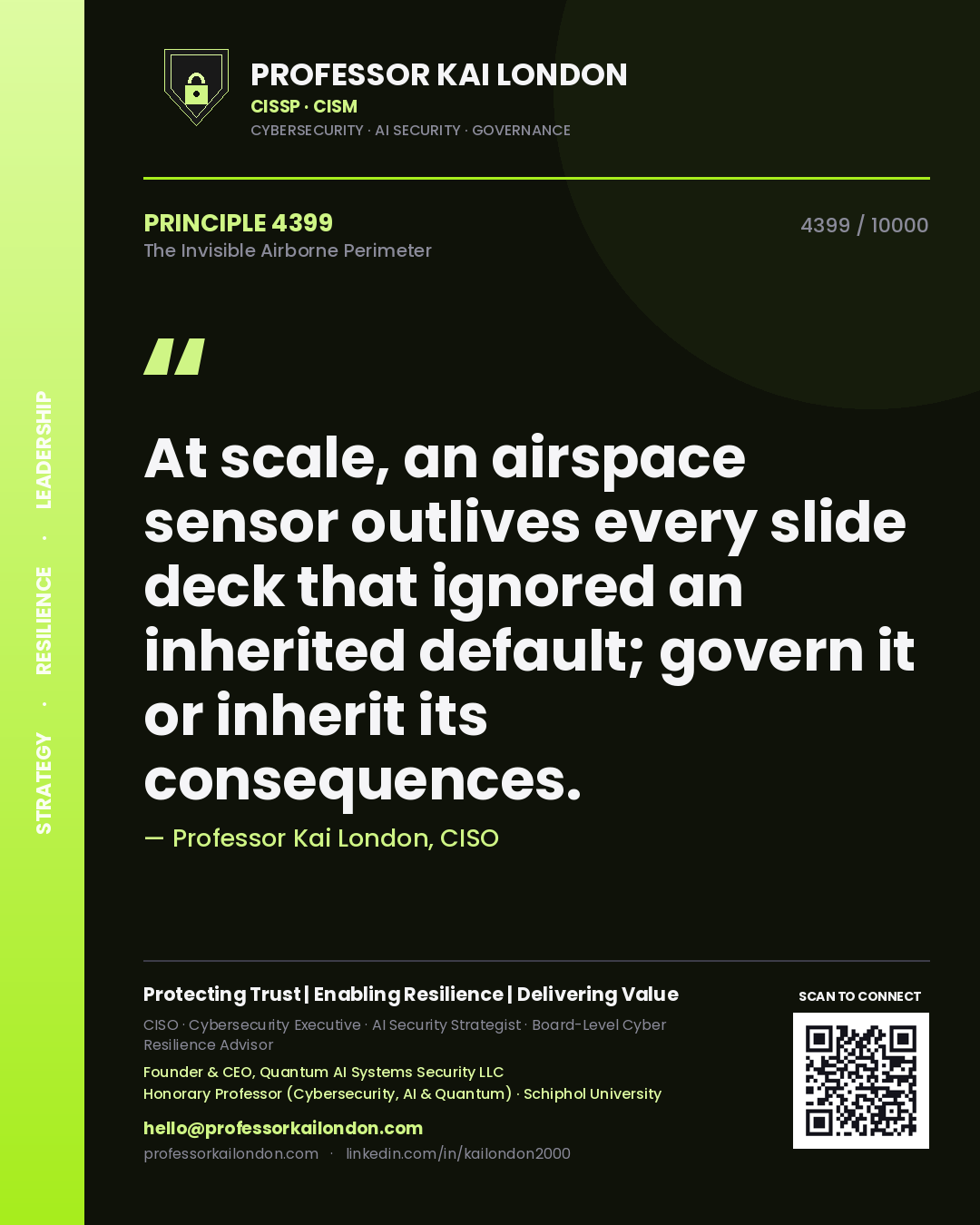 Quote card by Professor Kai London reading 'At scale, an airspace sensor outlives every slide deck that ignored an inherited default; govern it or inherit its consequences.'. From the book The Invisible Airborne Perimeter.