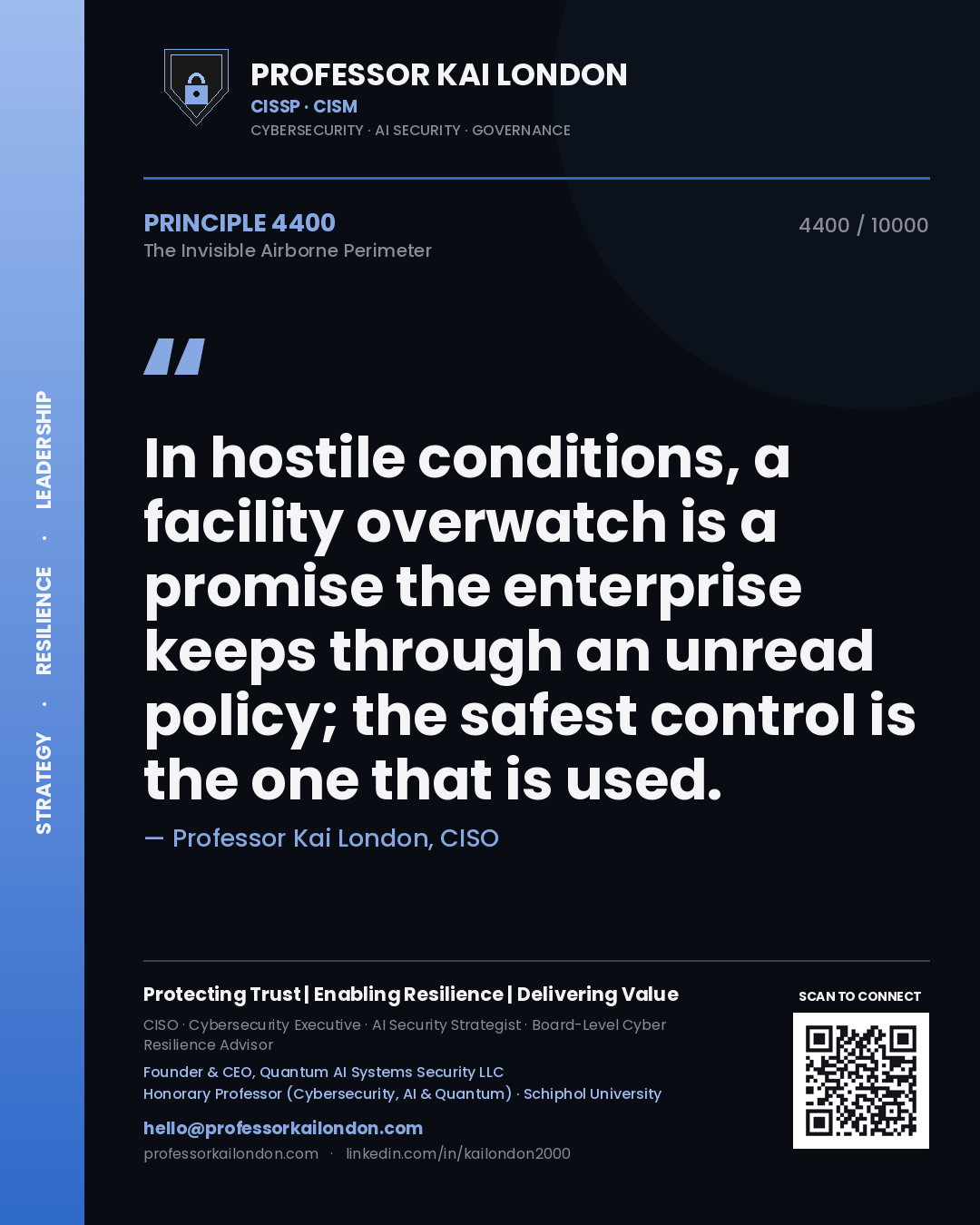 Quote card by Professor Kai London reading 'In hostile conditions, a facility overwatch is a promise the enterprise keeps through an unread policy; the safest control is the one that is used.'. From the book The Invisible Airborne Perimeter.