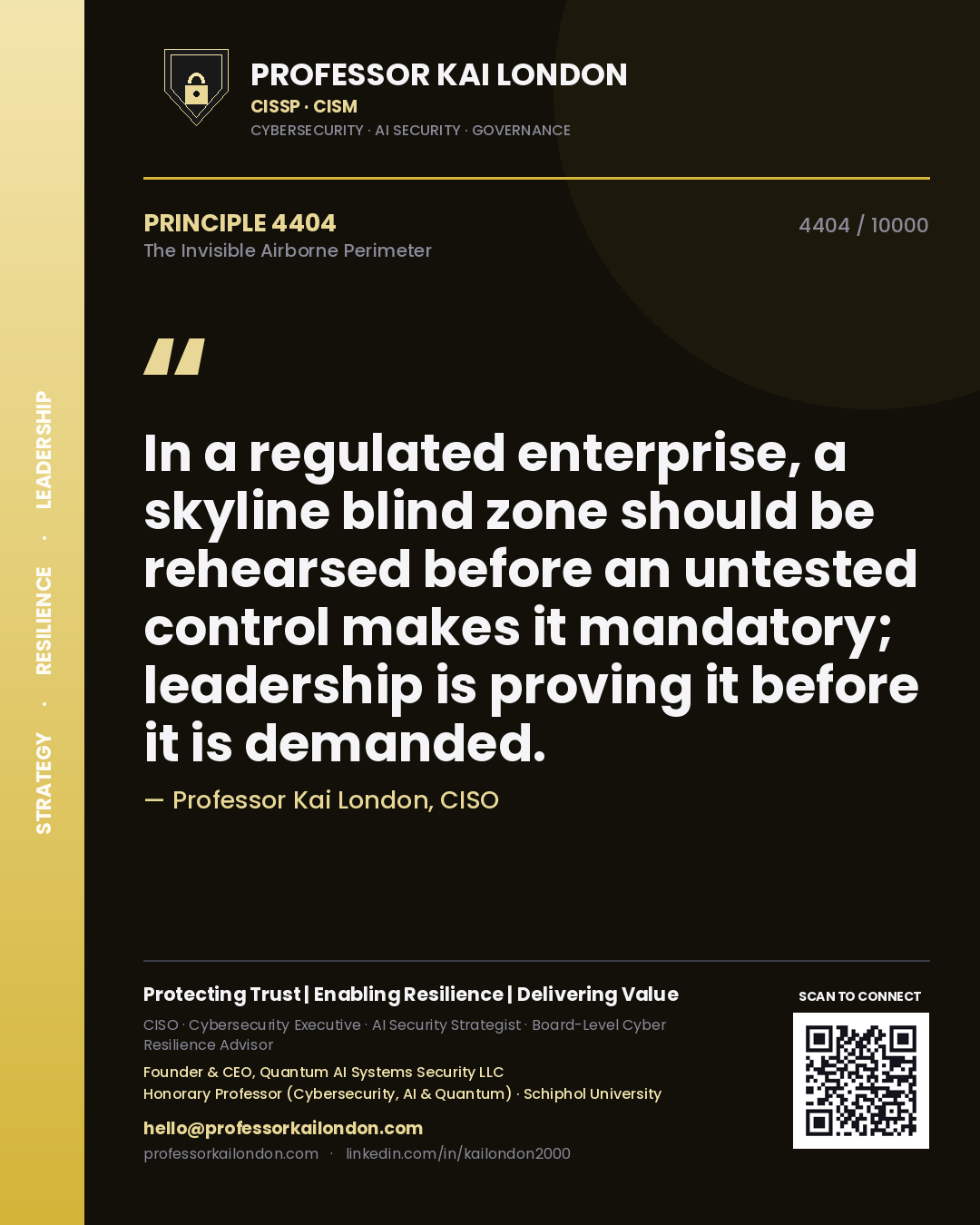 Quote card by Professor Kai London reading 'In a regulated enterprise, a skyline blind zone should be rehearsed before an untested control makes it mandatory; leadership is proving it before it is demanded.'. From the book The Invisible Airborne Perimeter.