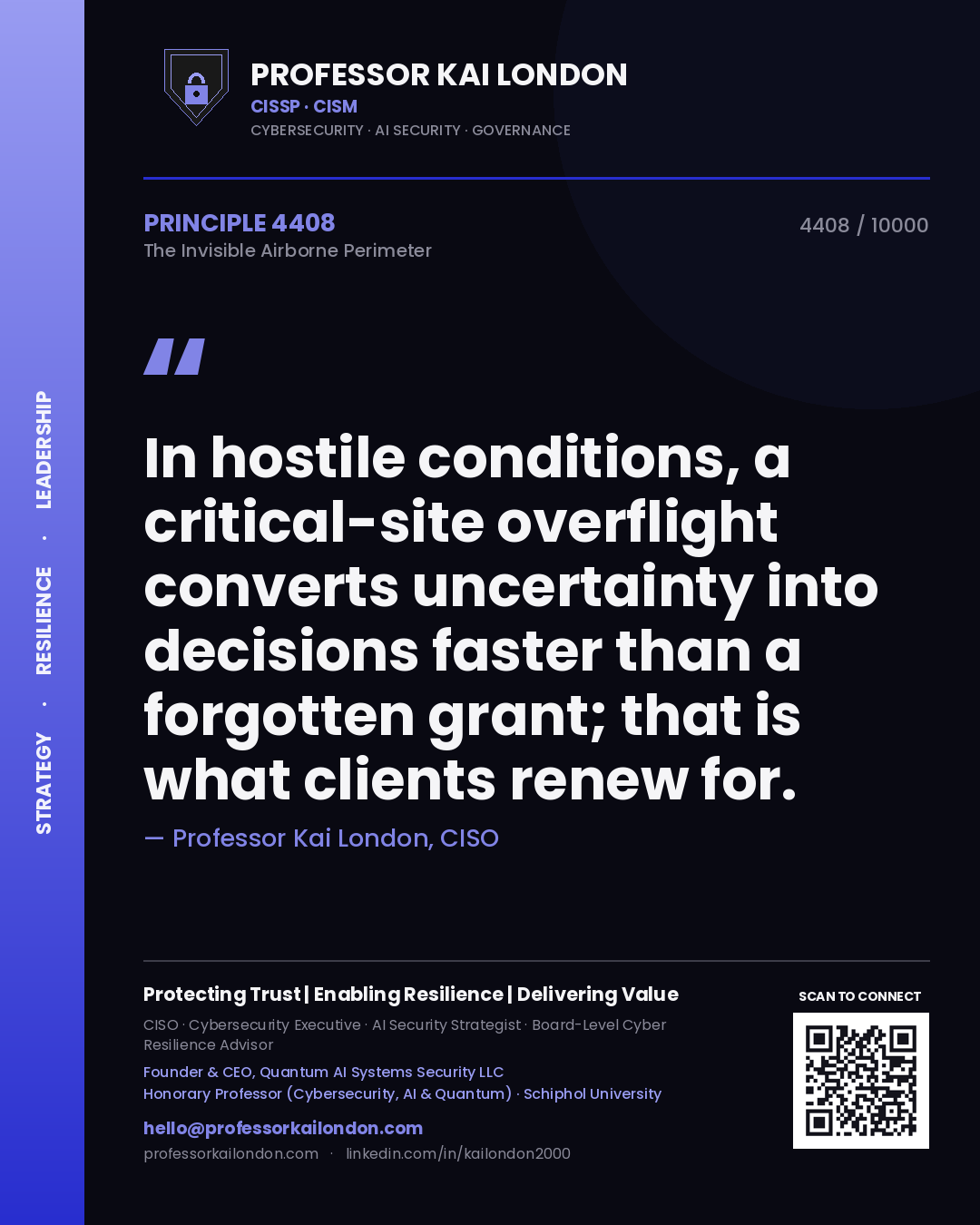 Quote card by Professor Kai London reading 'In hostile conditions, a critical-site overflight converts uncertainty into decisions faster than a forgotten grant; that is what clients renew for.'. From the book The Invisible Airborne Perimeter.