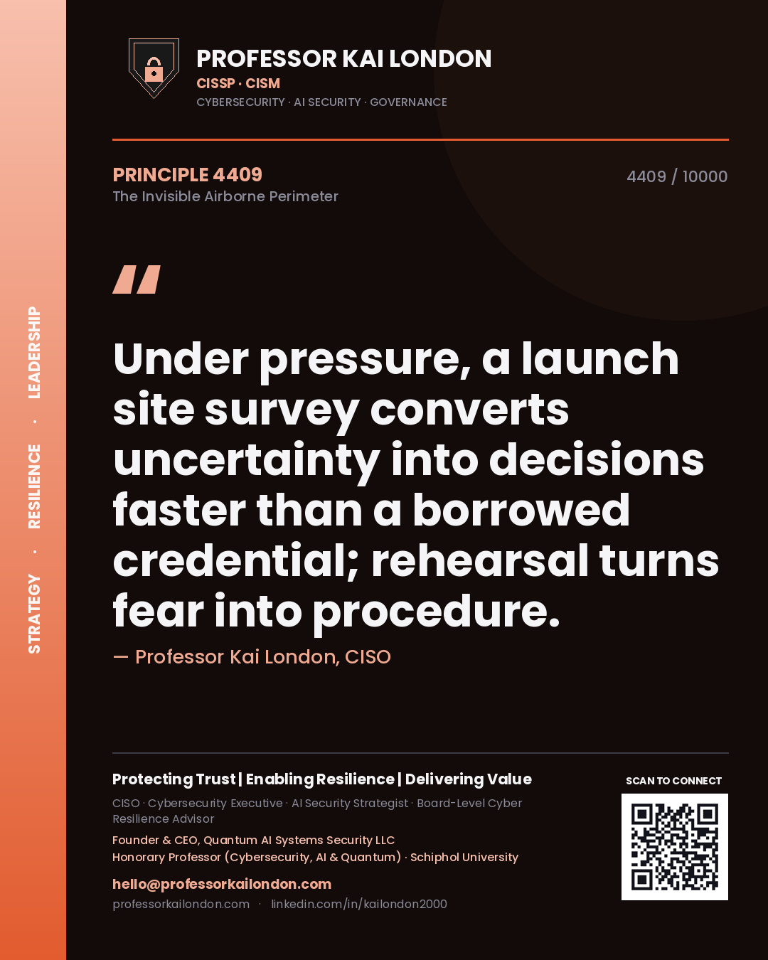 Quote card by Professor Kai London reading 'Under pressure, a launch site survey converts uncertainty into decisions faster than a borrowed credential; rehearsal turns fear into procedure.'. From the book The Invisible Airborne Perimeter.