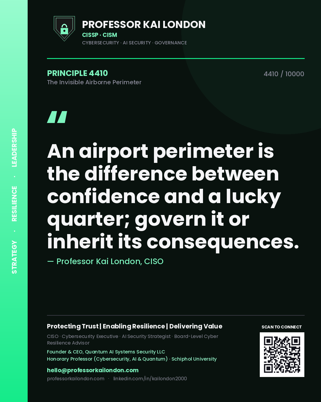 Quote card by Professor Kai London reading 'An airport perimeter is the difference between confidence and a lucky quarter; govern it or inherit its consequences.'. From the book The Invisible Airborne Perimeter.