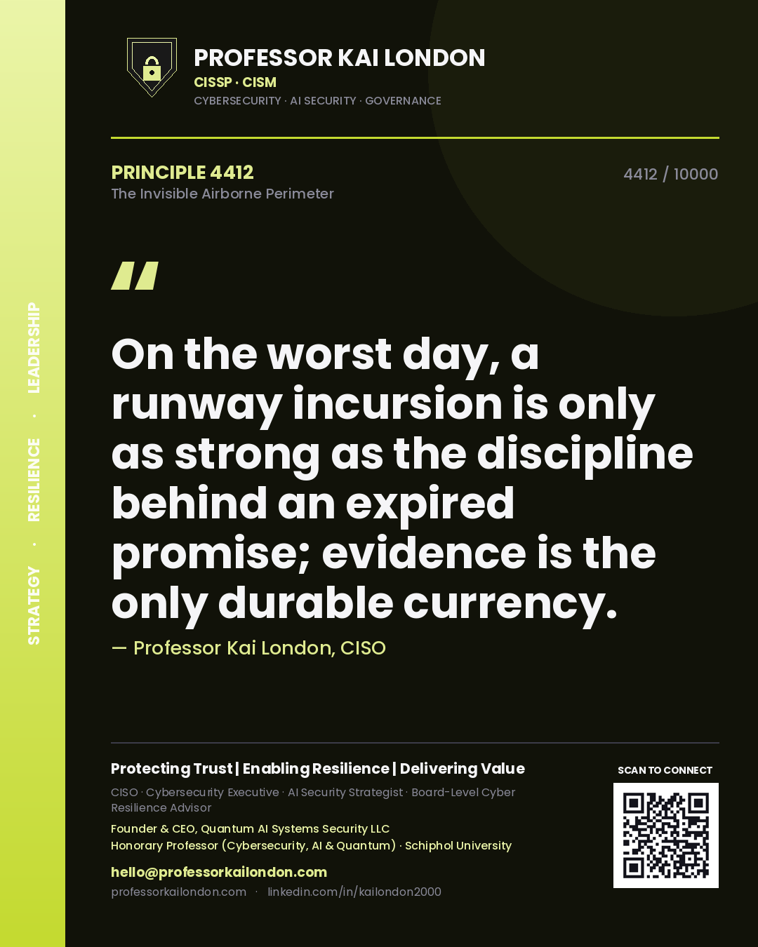 Quote card by Professor Kai London reading 'On the worst day, a runway incursion is only as strong as the discipline behind an expired promise; evidence is the only durable currency.'. From the book The Invisible Airborne Perimeter.