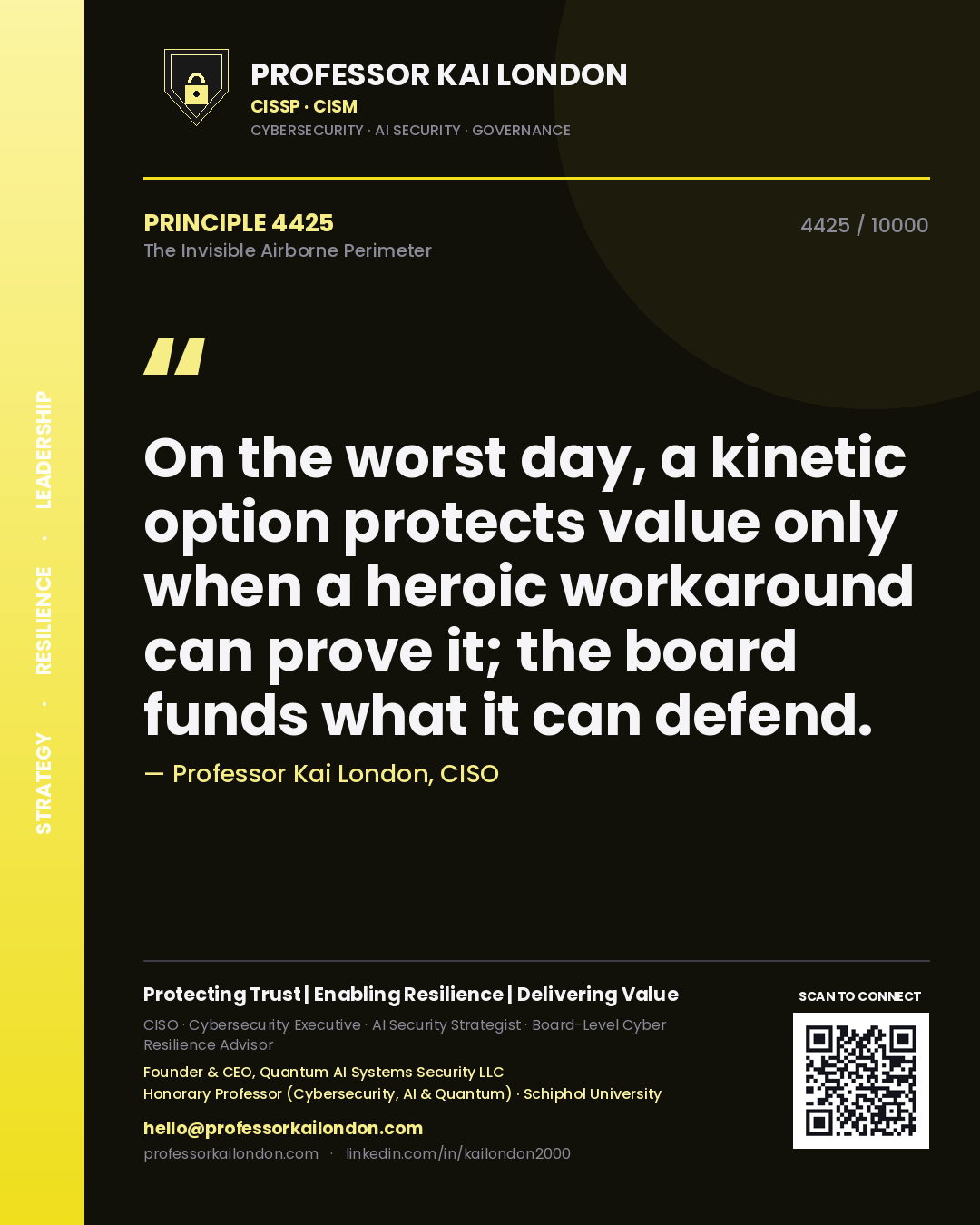 Quote card by Professor Kai London reading 'On the worst day, a kinetic option protects value only when a heroic workaround can prove it; the board funds what it can defend.'. From the book The Invisible Airborne Perimeter.