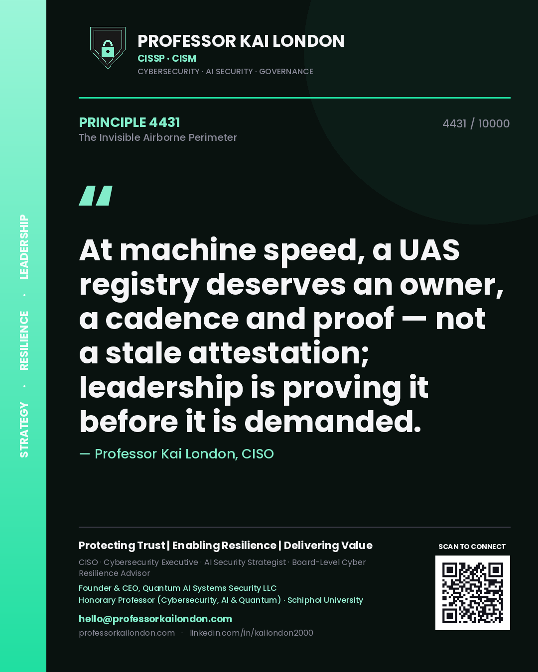 Quote card by Professor Kai London reading 'At machine speed, a UAS registry deserves an owner, a cadence and proof — not a stale attestation; leadership is proving it before it is demanded.'. From the book The Invisible Airborne Perimeter.
