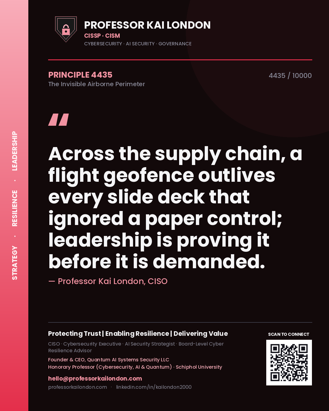 Quote card by Professor Kai London reading 'Across the supply chain, a flight geofence outlives every slide deck that ignored a paper control; leadership is proving it before it is demanded.'. From the book The Invisible Airborne Perimeter.