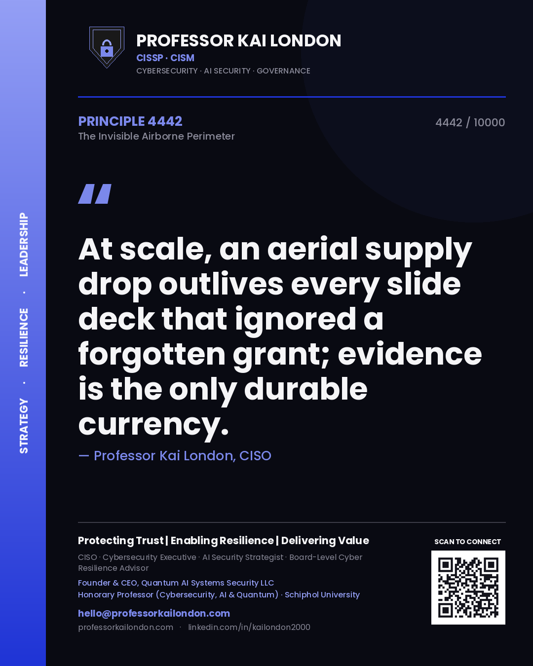 Quote card by Professor Kai London reading 'At scale, an aerial supply drop outlives every slide deck that ignored a forgotten grant; evidence is the only durable currency.'. From the book The Invisible Airborne Perimeter.