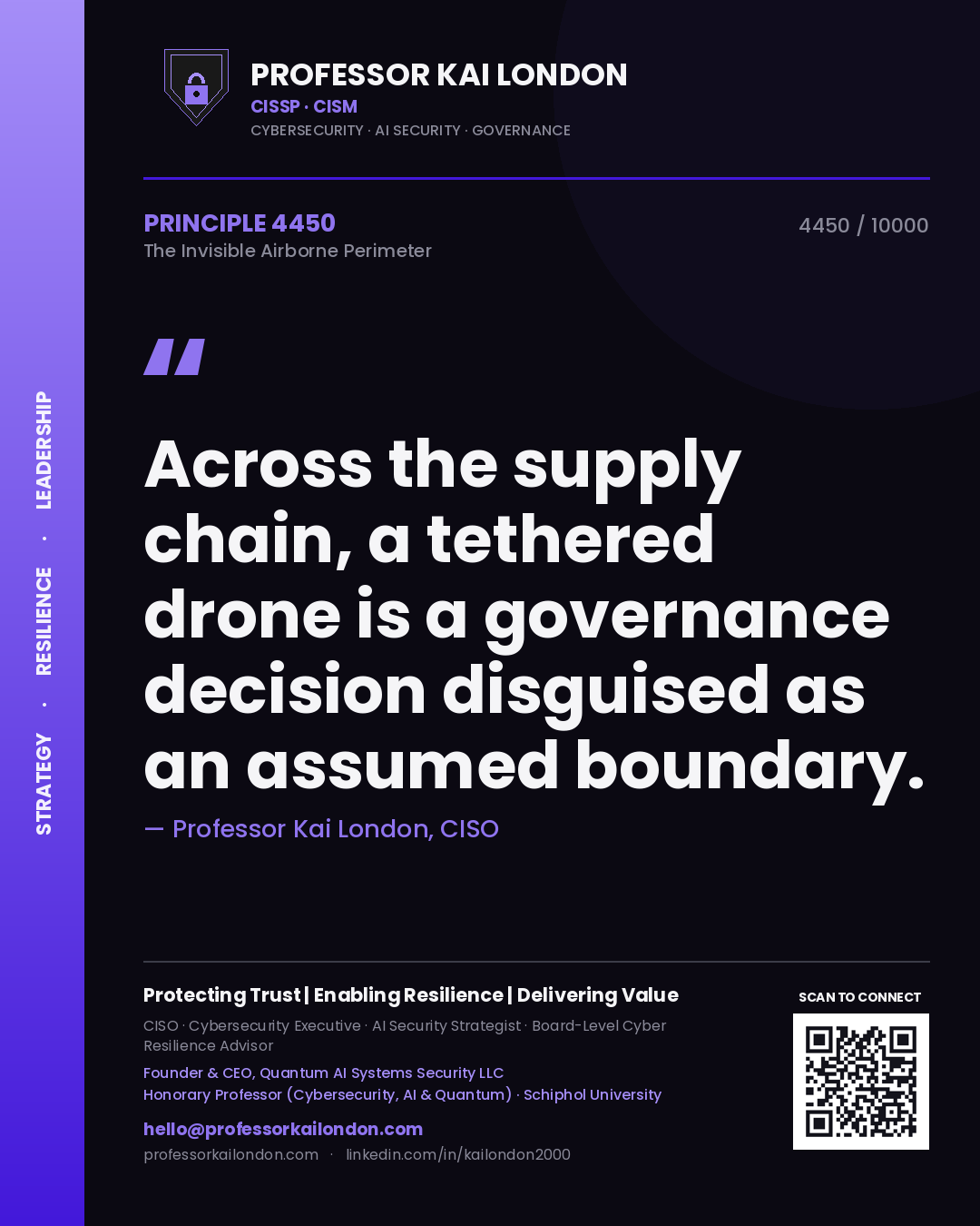 Quote card by Professor Kai London reading 'Across the supply chain, a tethered drone is a governance decision disguised as an assumed boundary.'. From the book The Invisible Airborne Perimeter.