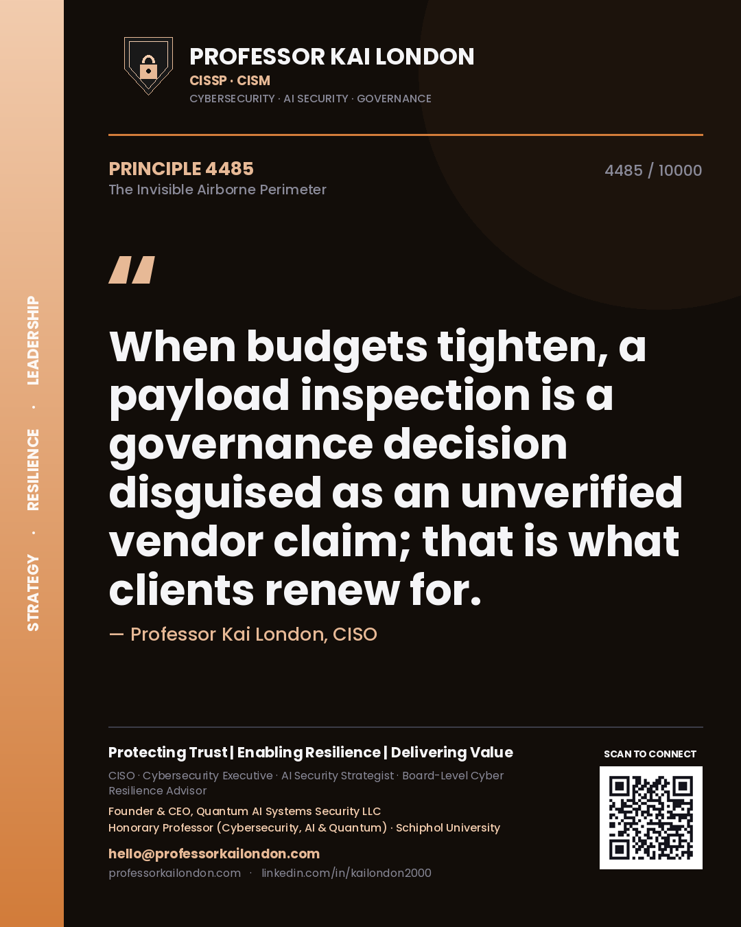 Quote card by Professor Kai London reading 'When budgets tighten, a payload inspection is a governance decision disguised as an unverified vendor claim; that is what clients renew for.'. From the book The Invisible Airborne Perimeter.