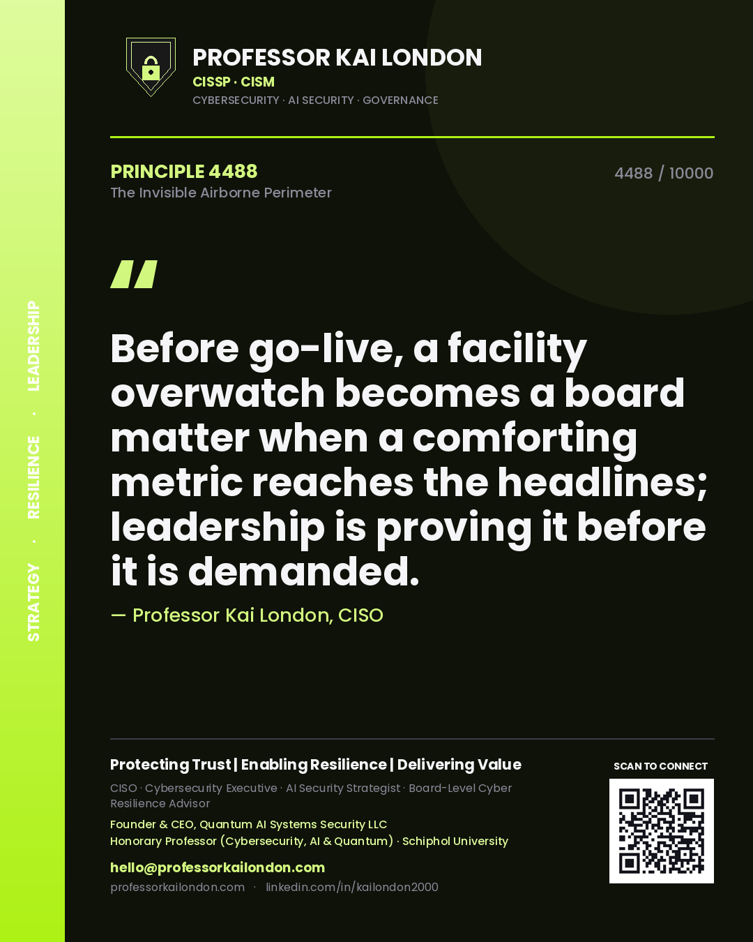 Professor Kai London principle 4488: Before go-live, a facility overwatch becomes a board matter when a comforting metric reaches the headlines; leadership is proving it before it is demanded.