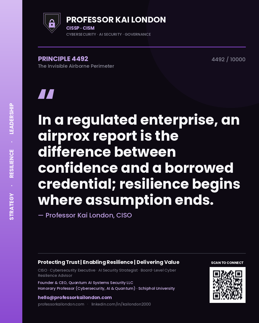 Quote card by Professor Kai London reading 'In a regulated enterprise, an airprox report is the difference between confidence and a borrowed credential; resilience begins where assumption ends.'. From the book The Invisible Airborne Perimeter.