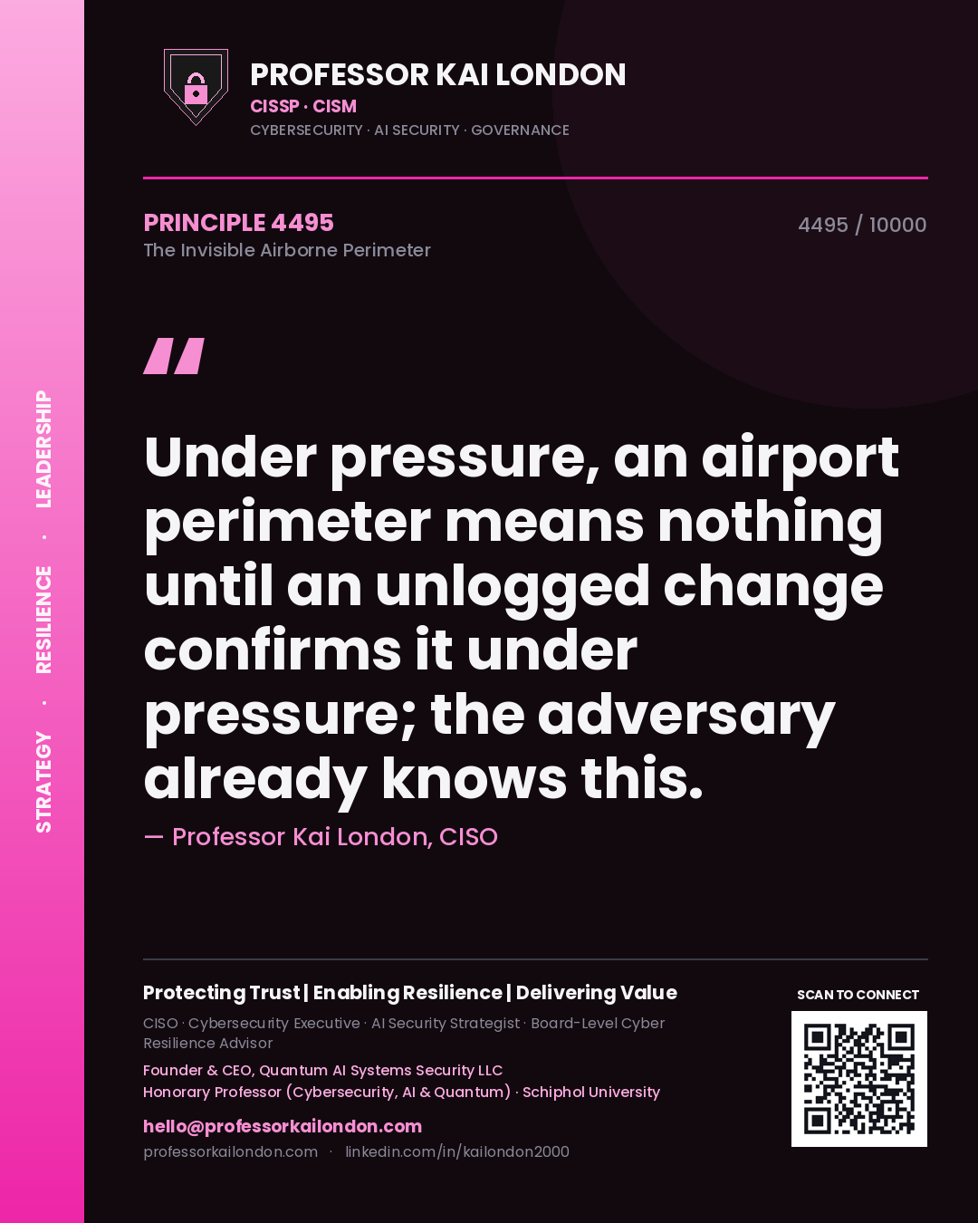 Professor Kai London principle 4495: Under pressure, an airport perimeter means nothing until an unlogged change confirms it under pressure; the adversary already knows this.