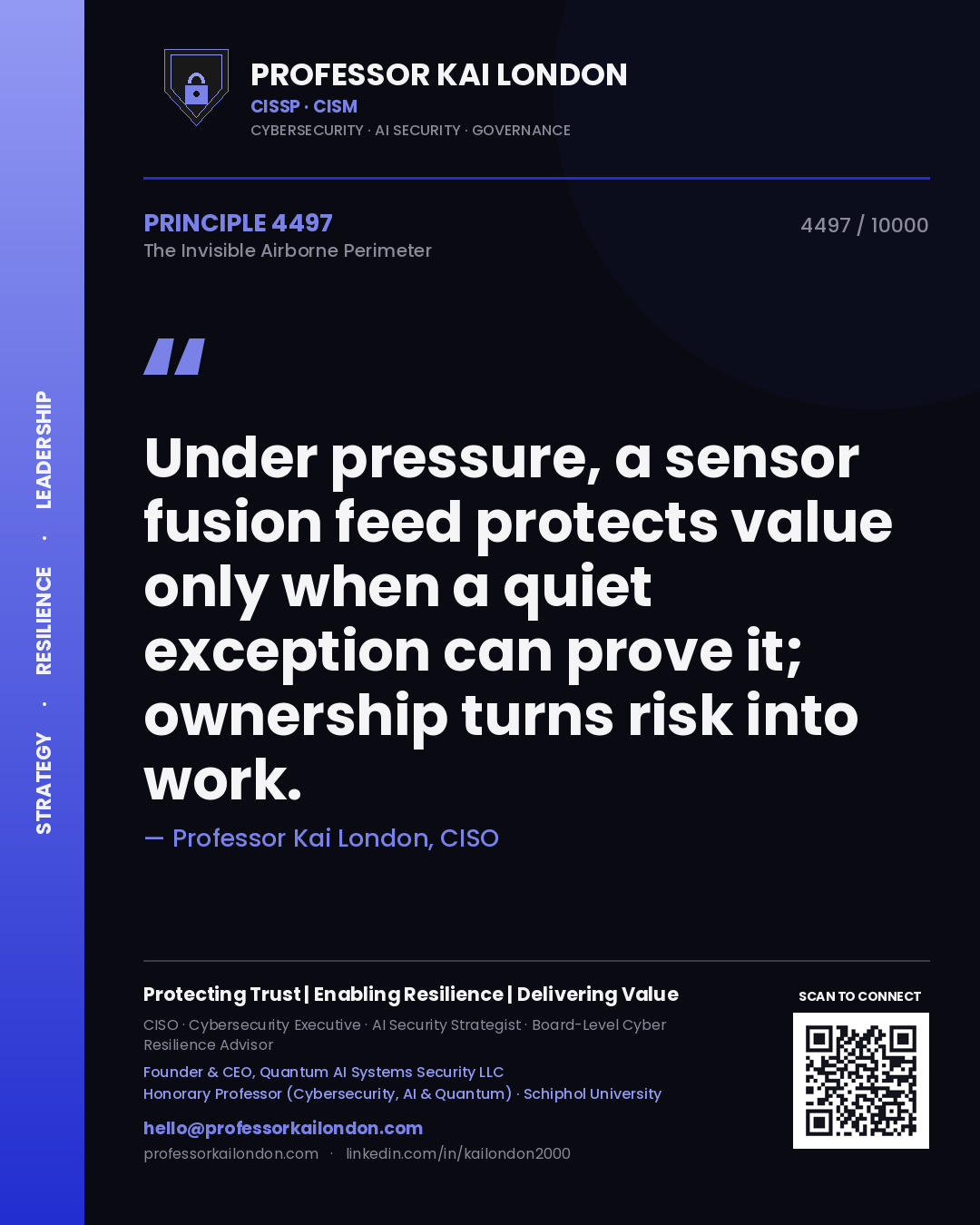 Quote card by Professor Kai London reading 'Under pressure, a sensor fusion feed protects value only when a quiet exception can prove it; ownership turns risk into work.'. From the book The Invisible Airborne Perimeter.