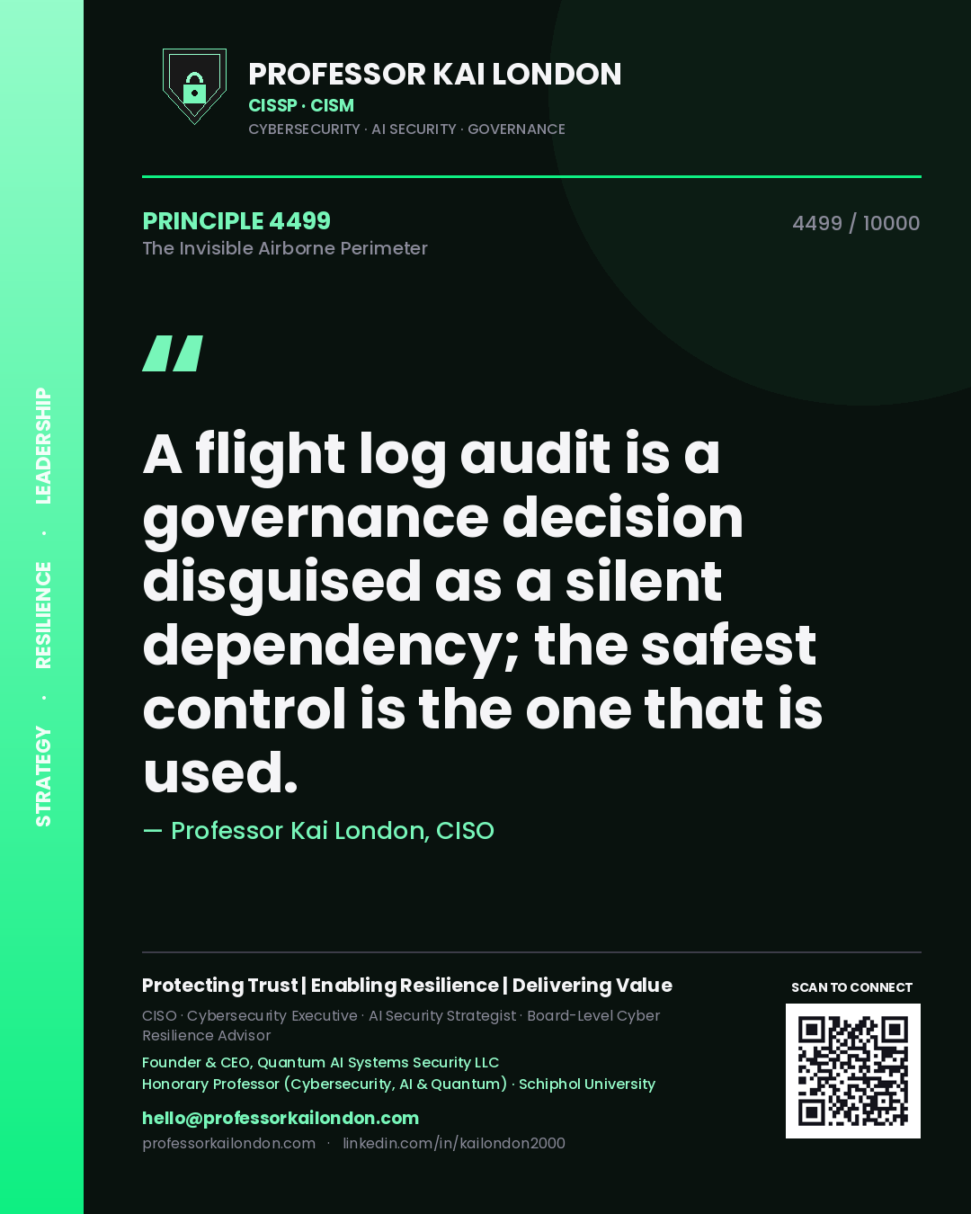 Quote card by Professor Kai London reading 'A flight log audit is a governance decision disguised as a silent dependency; the safest control is the one that is used.'. From the book The Invisible Airborne Perimeter.