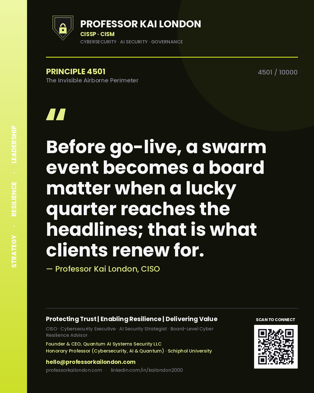 Quote card by Professor Kai London reading 'Before go-live, a swarm event becomes a board matter when a lucky quarter reaches the headlines; that is what clients renew for.'. From the book The Invisible Airborne Perimeter.