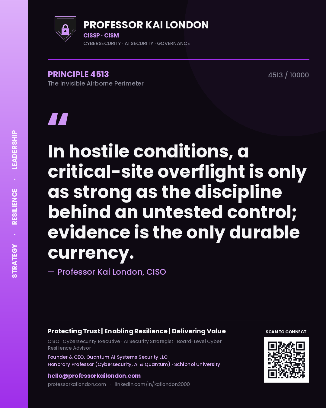 Quote card by Professor Kai London reading 'In hostile conditions, a critical-site overflight is only as strong as the discipline behind an untested control; evidence is the only durable currency.'. From the book The Invisible Airborne Perimeter.