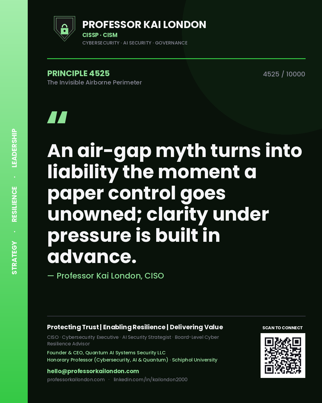 Quote card by Professor Kai London reading 'An air-gap myth turns into liability the moment a paper control goes unowned; clarity under pressure is built in advance.'. From the book The Invisible Airborne Perimeter.