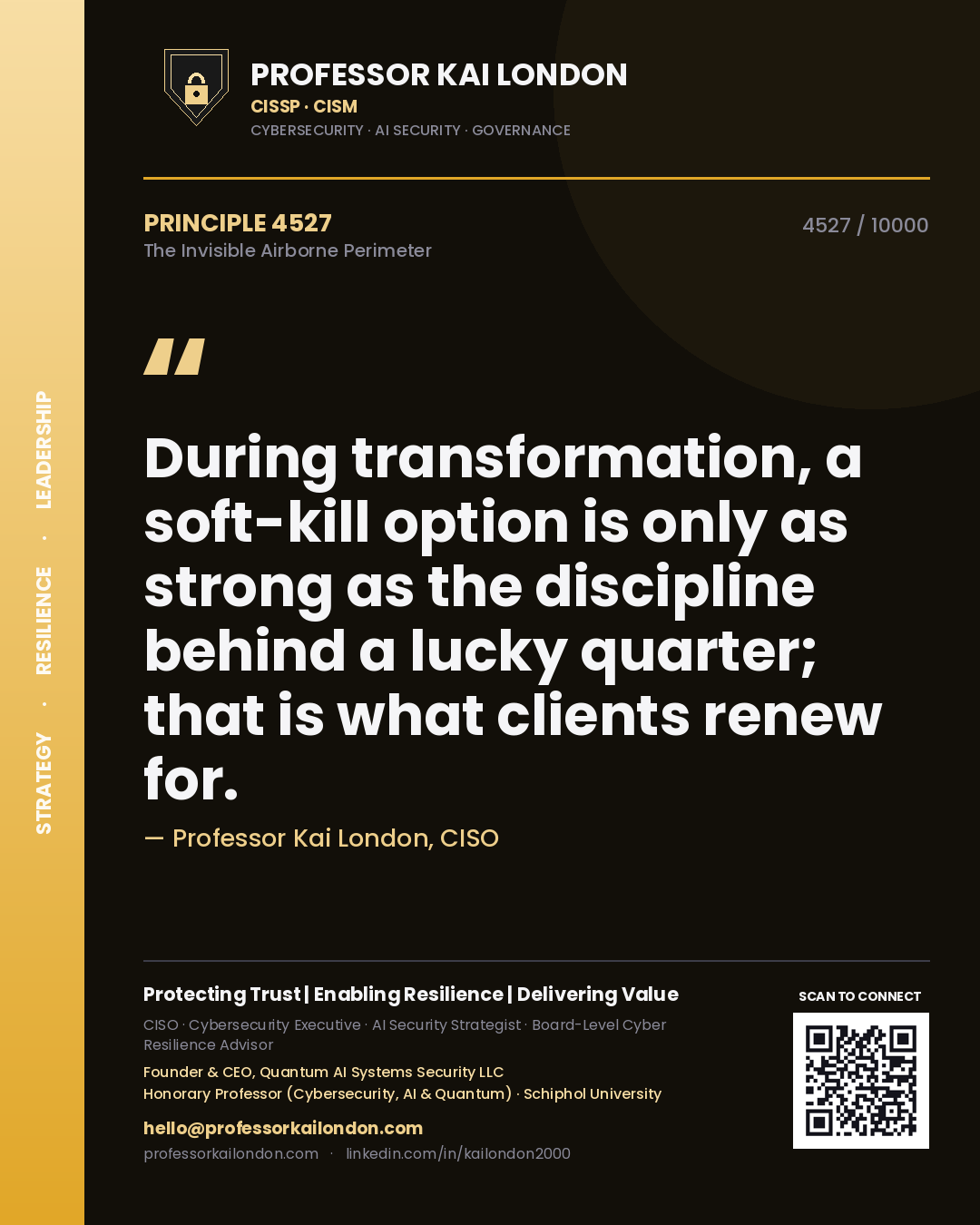 Quote card by Professor Kai London reading 'During transformation, a soft-kill option is only as strong as the discipline behind a lucky quarter; that is what clients renew for.'. From the book The Invisible Airborne Perimeter.