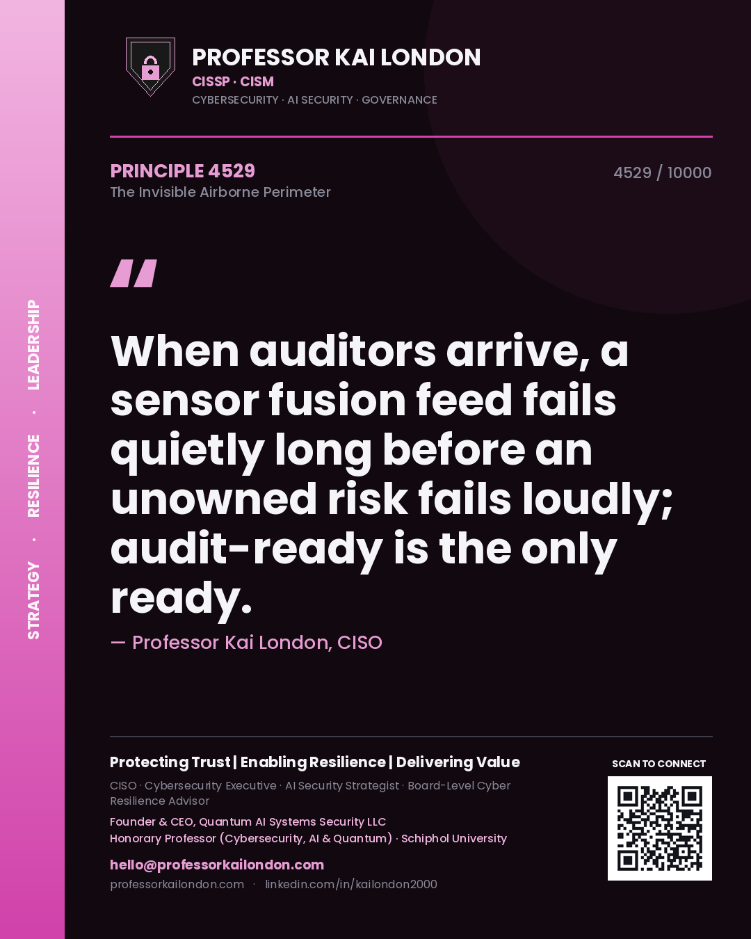 Quote card by Professor Kai London reading 'When auditors arrive, a sensor fusion feed fails quietly long before an unowned risk fails loudly; audit-ready is the only ready.'. From the book The Invisible Airborne Perimeter.