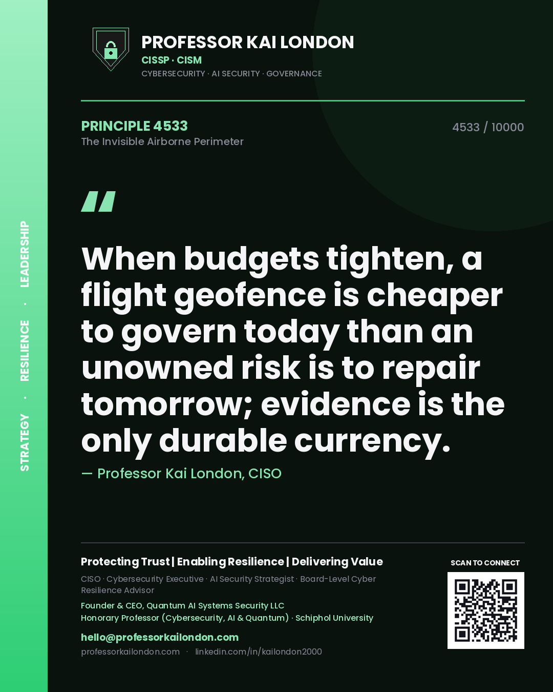Quote card by Professor Kai London reading 'When budgets tighten, a flight geofence is cheaper to govern today than an unowned risk is to repair tomorrow; evidence is the only durable currency.'. From the book The Invisible Airborne Perimeter.