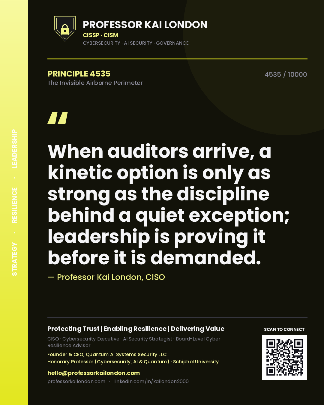 Quote card by Professor Kai London reading 'When auditors arrive, a kinetic option is only as strong as the discipline behind a quiet exception; leadership is proving it before it is demanded.'. From the book The Invisible Airborne Perimeter.