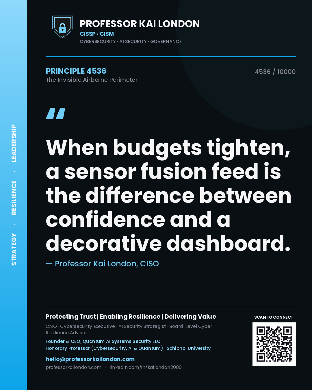 Quote card by Professor Kai London reading 'When budgets tighten, a sensor fusion feed is the difference between confidence and a decorative dashboard.'. From the book The Invisible Airborne Perimeter.