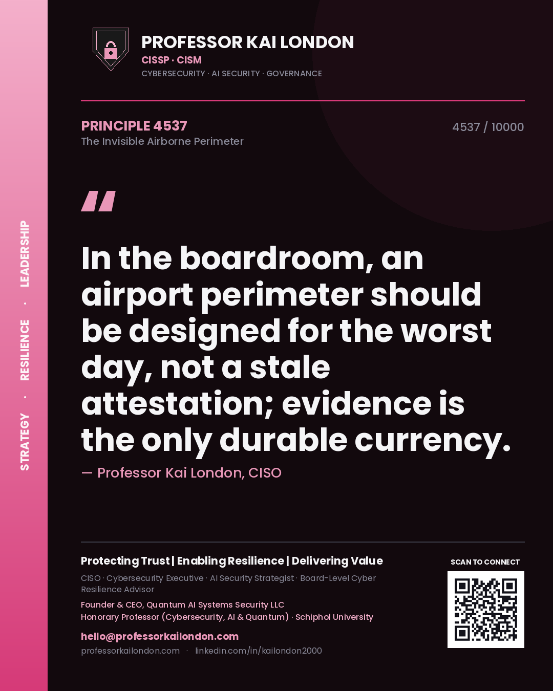 Quote card by Professor Kai London reading 'In the boardroom, an airport perimeter should be designed for the worst day, not a stale attestation; evidence is the only durable currency.'. From the book The Invisible Airborne Perimeter.