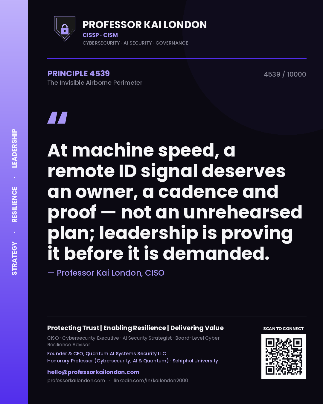 Quote card by Professor Kai London reading 'At machine speed, a remote ID signal deserves an owner, a cadence and proof — not an unrehearsed plan; leadership is proving it before it is demanded.'. From the book The Invisible Airborne Perimeter.