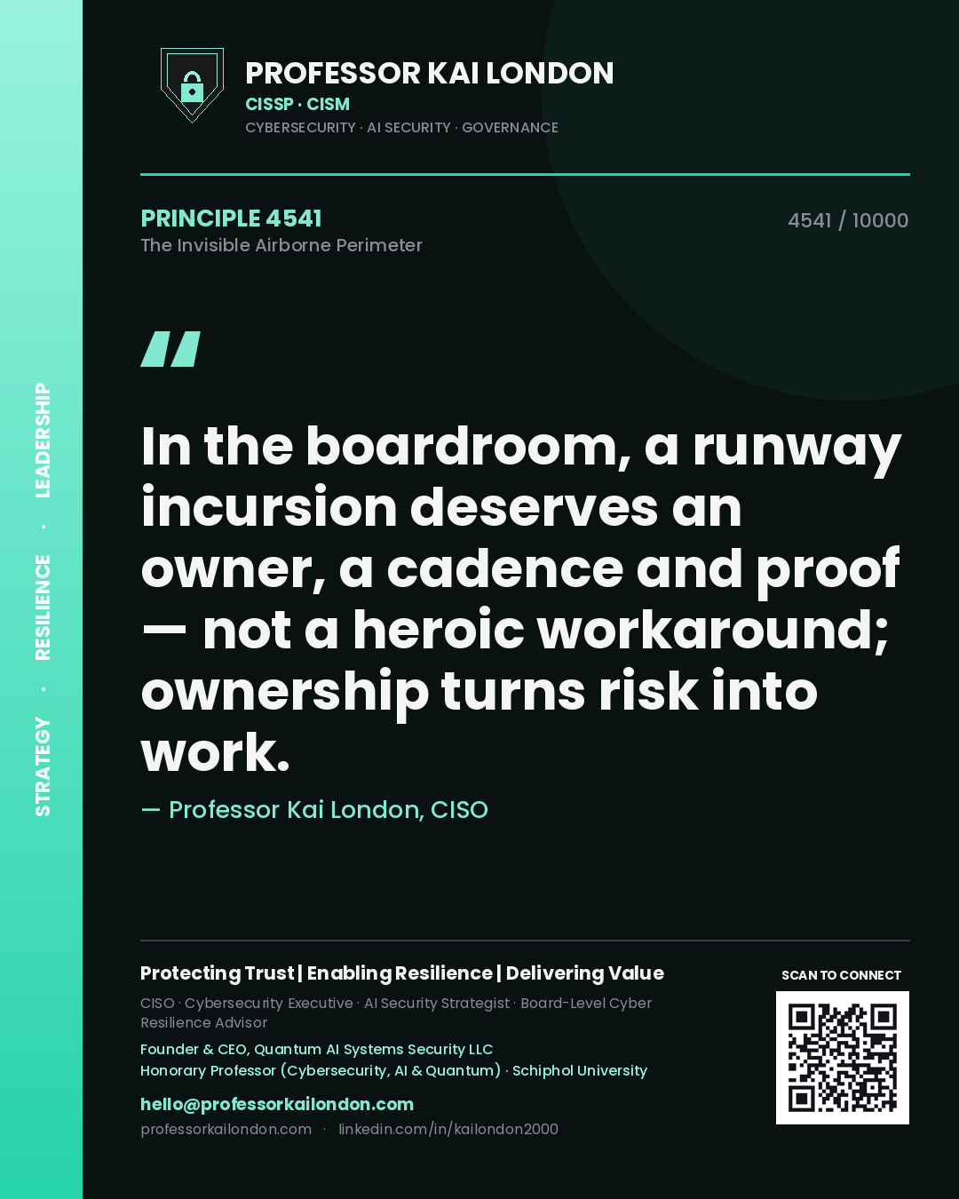 Quote card by Professor Kai London reading 'In the boardroom, a runway incursion deserves an owner, a cadence and proof — not a heroic workaround; ownership turns risk into work.'. From the book The Invisible Airborne Perimeter.