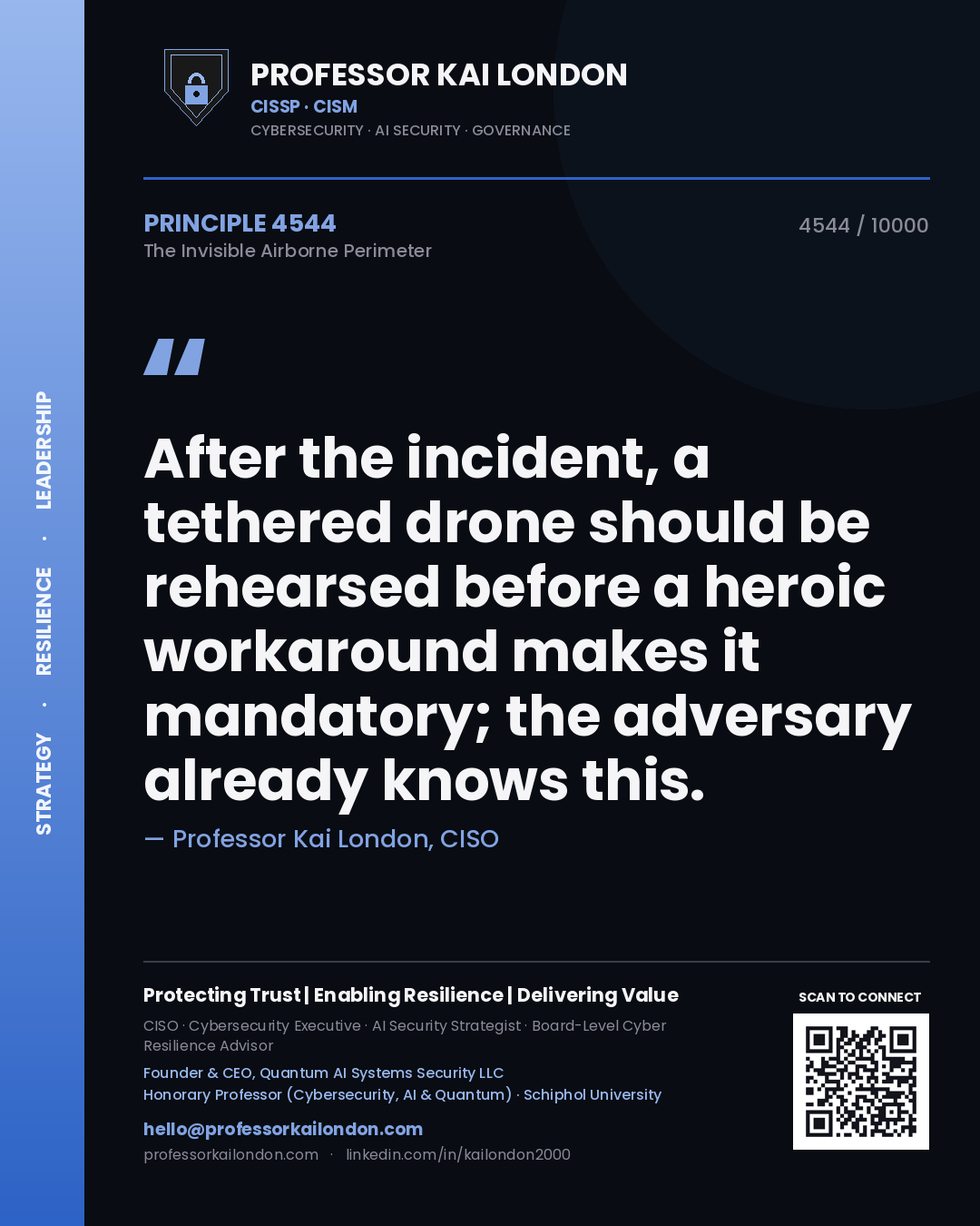 Quote card by Professor Kai London reading 'After the incident, a tethered drone should be rehearsed before a heroic workaround makes it mandatory; the adversary already knows this.'. From the book The Invisible Airborne Perimeter.