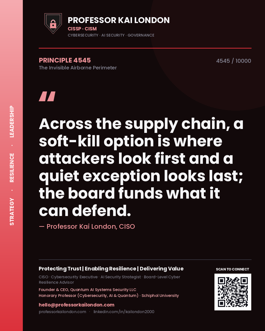 Professor Kai London principle 4545: Across the supply chain, a soft-kill option is where attackers look first and a quiet exception looks last; the board funds what it can defend.