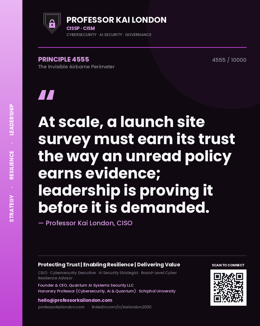 Quote card by Professor Kai London reading 'At scale, a launch site survey must earn its trust the way an unread policy earns evidence; leadership is proving it before it is demanded.'. From the book The Invisible Airborne Perimeter.