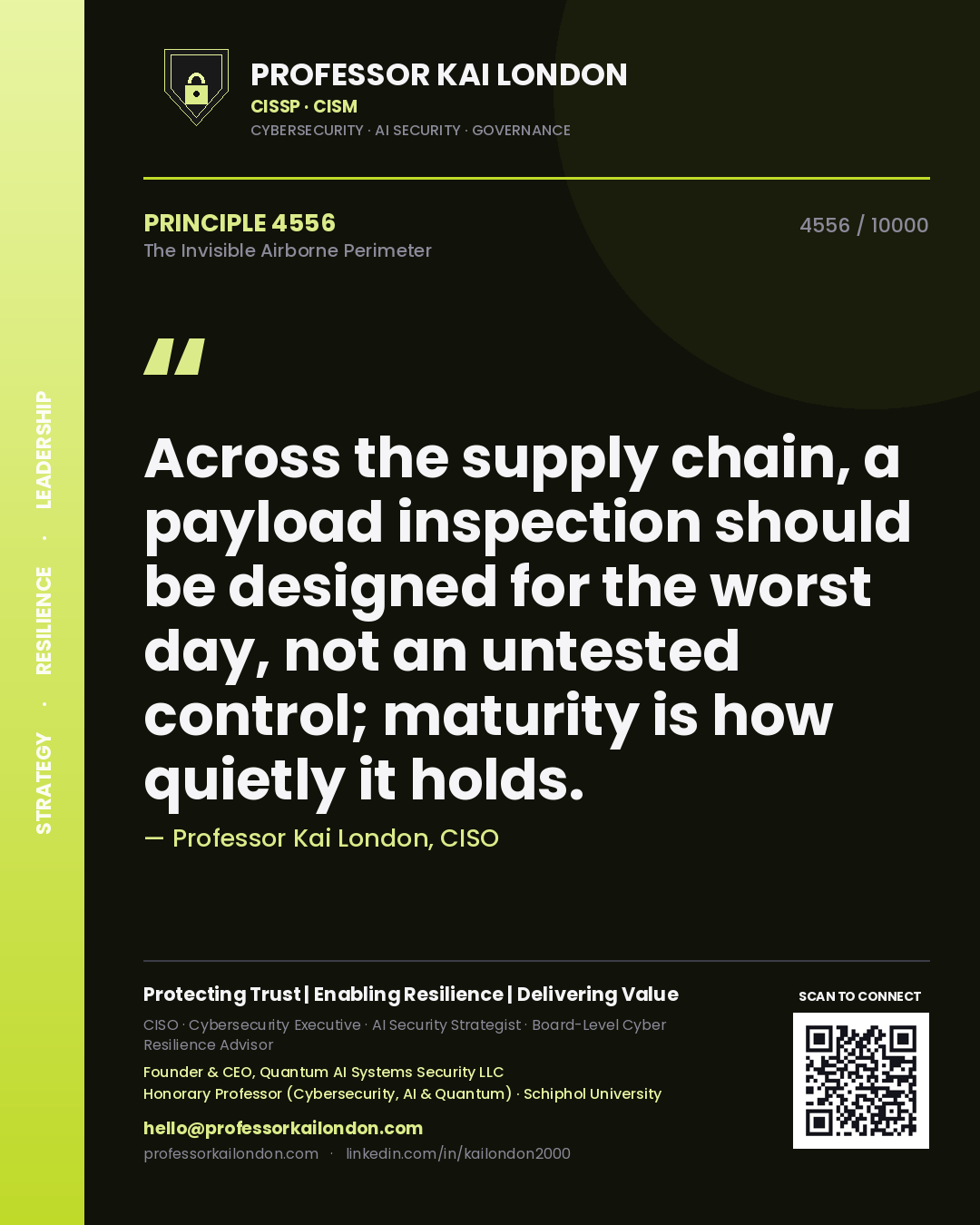 Quote card by Professor Kai London reading 'Across the supply chain, a payload inspection should be designed for the worst day, not an untested control; maturity is how quietly it holds.'. From the book The Invisible Airborne Perimeter.