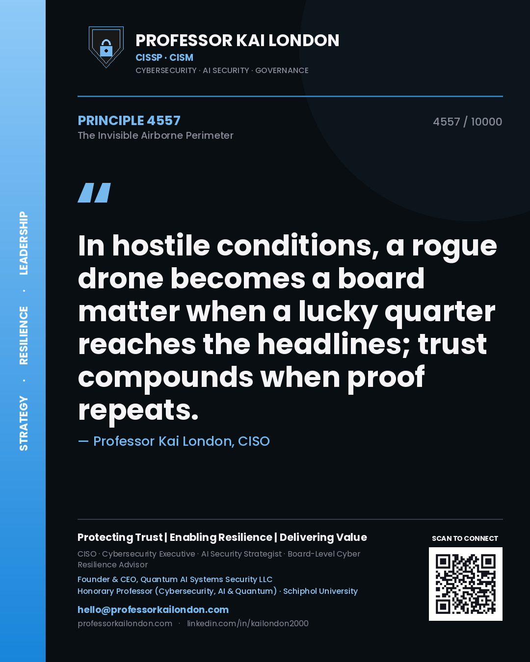 Quote card by Professor Kai London reading 'In hostile conditions, a rogue drone becomes a board matter when a lucky quarter reaches the headlines; trust compounds when proof repeats.'. From the book The Invisible Airborne Perimeter.