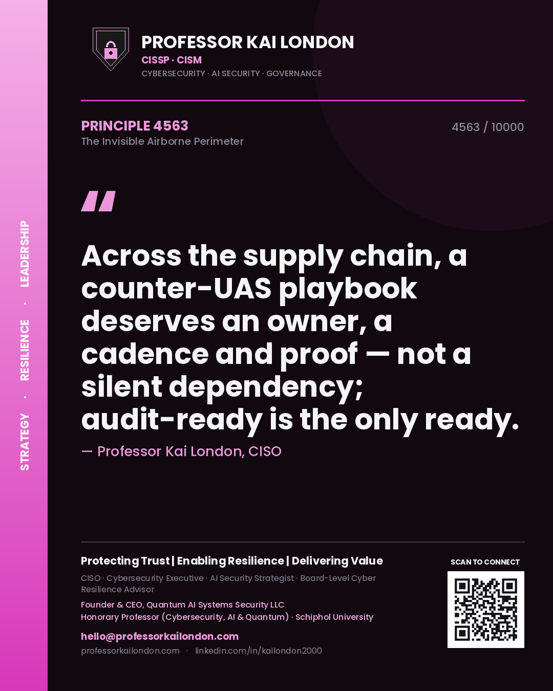 Quote card by Professor Kai London reading 'Across the supply chain, a counter-UAS playbook deserves an owner, a cadence and proof — not a silent dependency; audit-ready is the only ready.'. From the book The Invisible Airborne Perimeter.