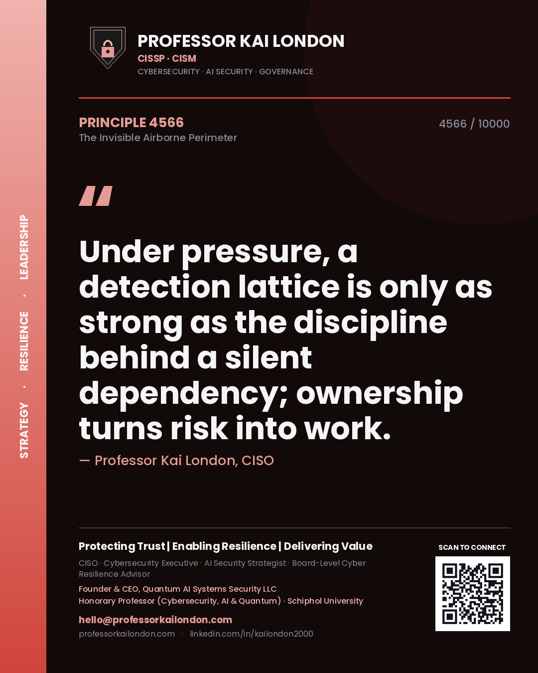Quote card by Professor Kai London reading 'Under pressure, a detection lattice is only as strong as the discipline behind a silent dependency; ownership turns risk into work.'. From the book The Invisible Airborne Perimeter.