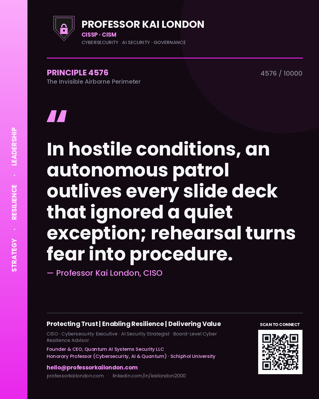 Quote card by Professor Kai London reading 'In hostile conditions, an autonomous patrol outlives every slide deck that ignored a quiet exception; rehearsal turns fear into procedure.'. From the book The Invisible Airborne Perimeter.