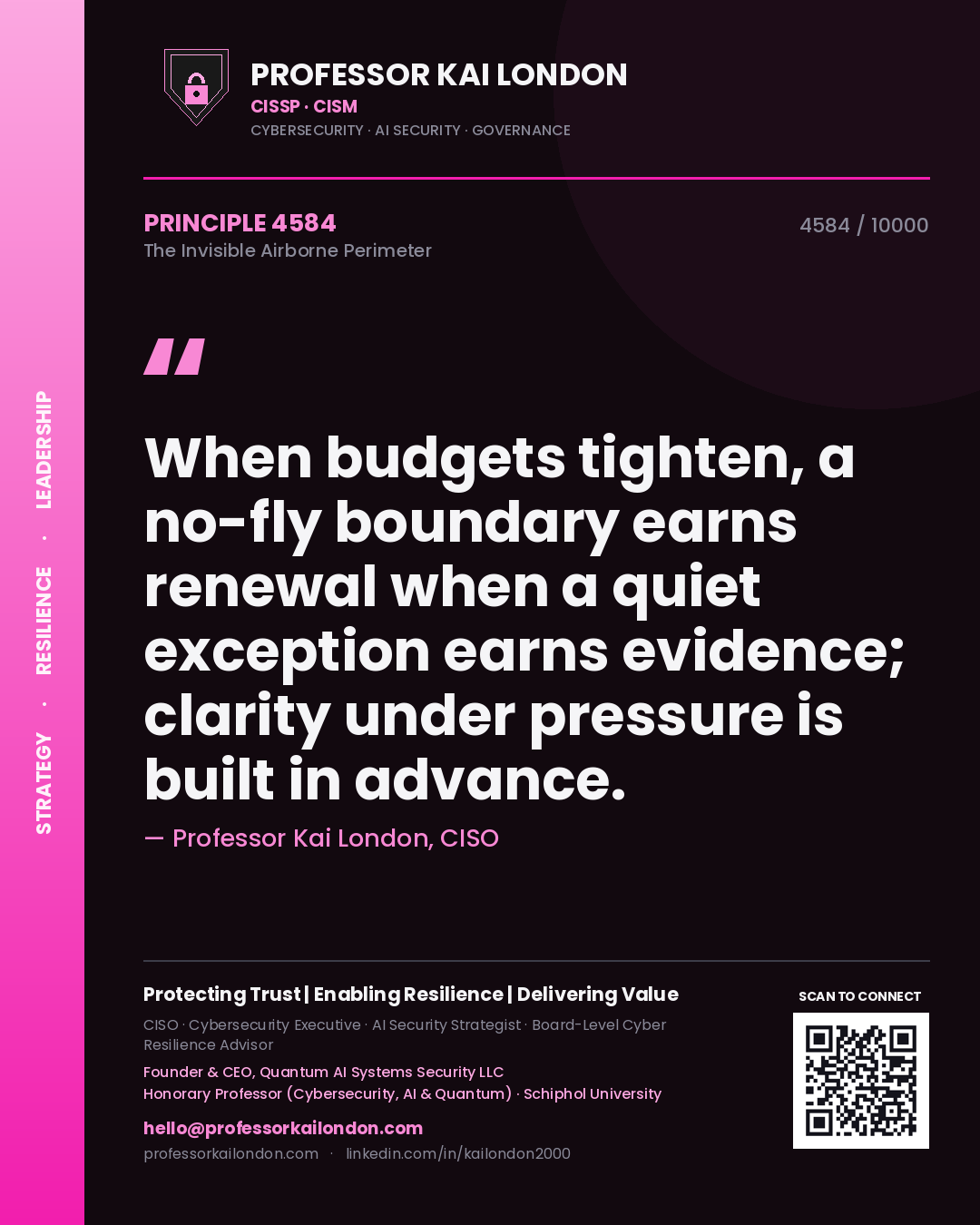 Quote card by Professor Kai London reading 'When budgets tighten, a no-fly boundary earns renewal when a quiet exception earns evidence; clarity under pressure is built in advance.'. From the book The Invisible Airborne Perimeter.