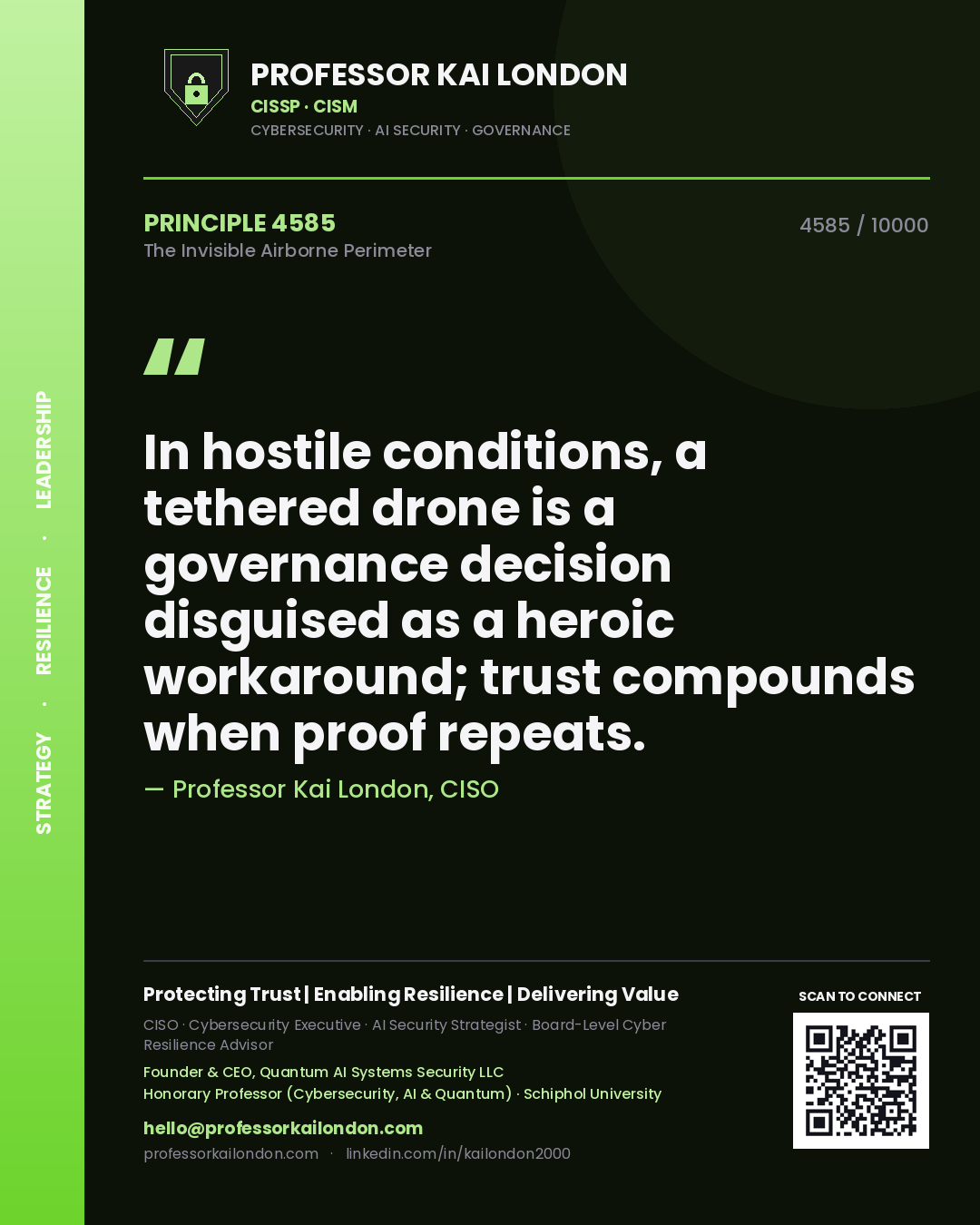 Quote card by Professor Kai London reading 'In hostile conditions, a tethered drone is a governance decision disguised as a heroic workaround; trust compounds when proof repeats.'. From the book The Invisible Airborne Perimeter.