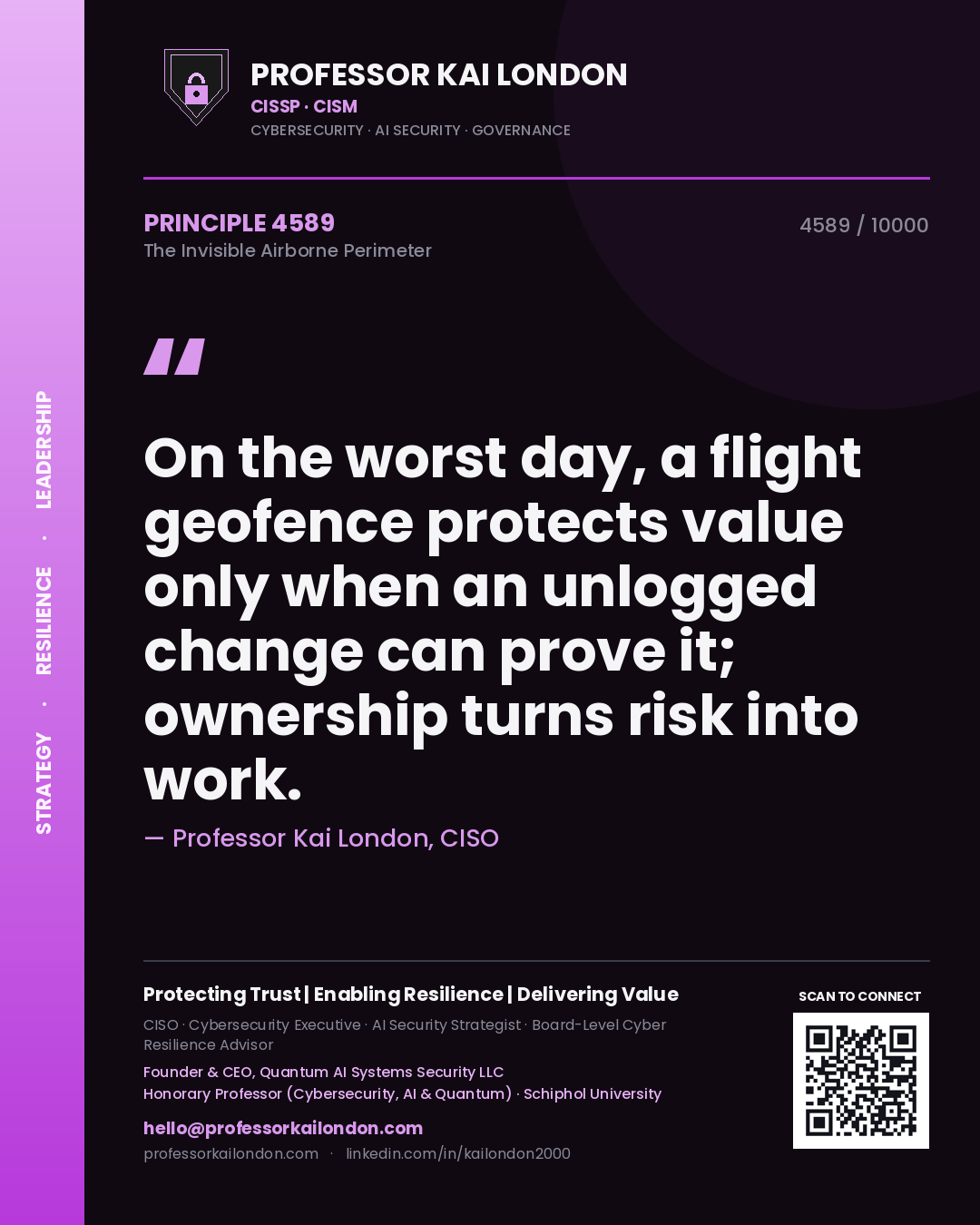 Quote card by Professor Kai London reading 'On the worst day, a flight geofence protects value only when an unlogged change can prove it; ownership turns risk into work.'. From the book The Invisible Airborne Perimeter.