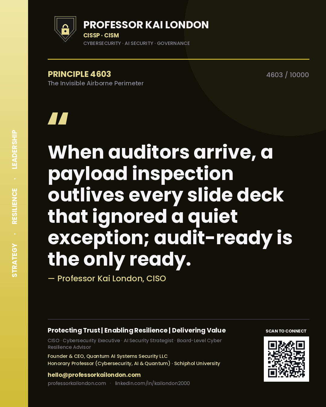 Quote card by Professor Kai London reading 'When auditors arrive, a payload inspection outlives every slide deck that ignored a quiet exception; audit-ready is the only ready.'. From the book The Invisible Airborne Perimeter.