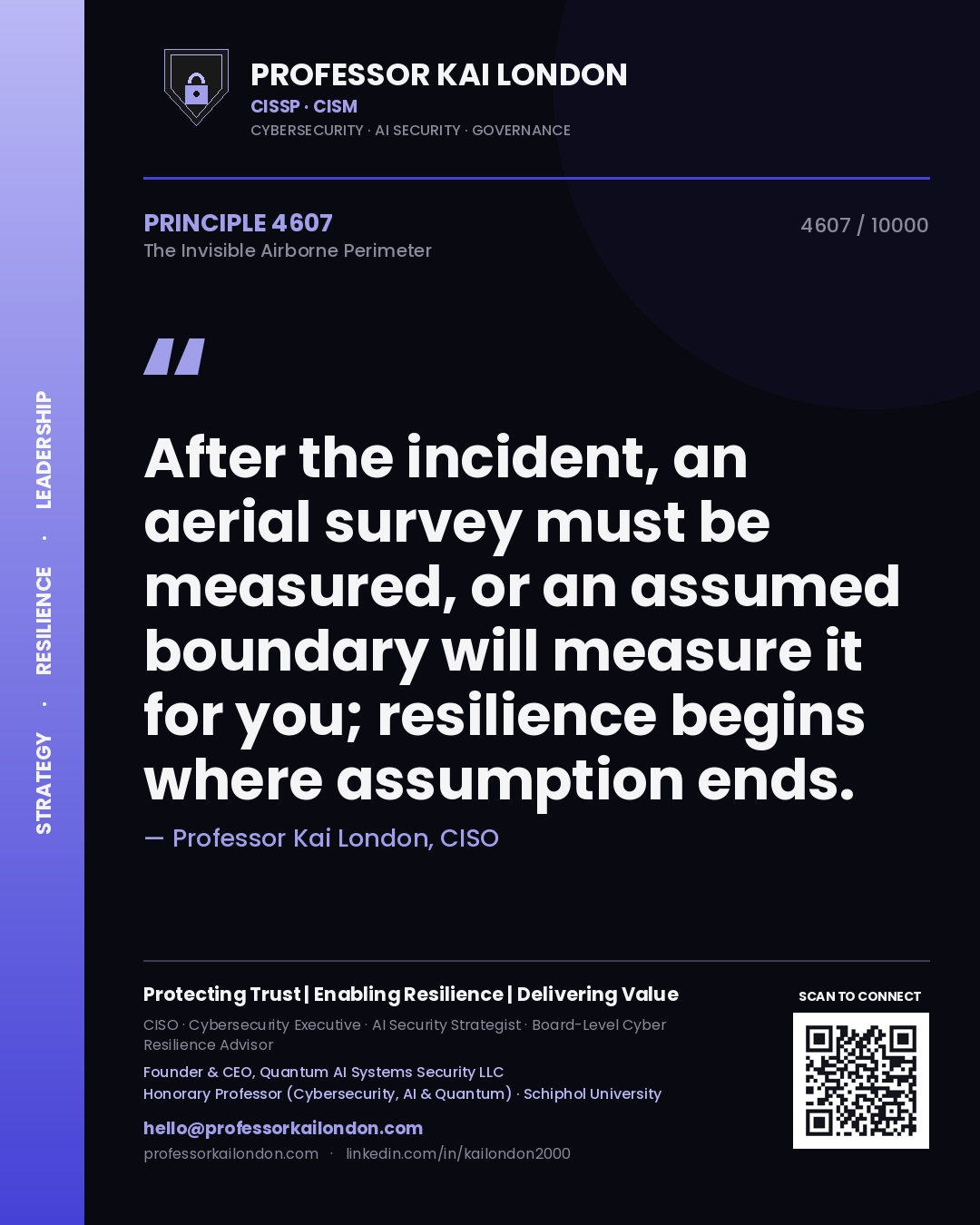 Quote card by Professor Kai London reading 'After the incident, an aerial survey must be measured, or an assumed boundary will measure it for you; resilience begins where assumption ends.'. From the book The Invisible Airborne Perimeter.