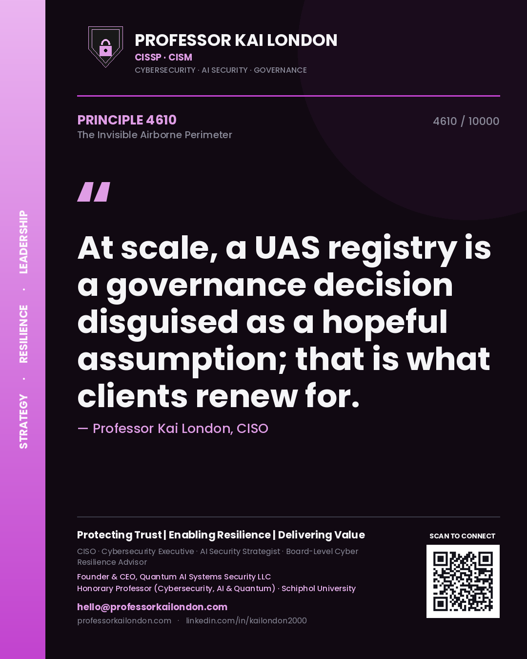 Quote card by Professor Kai London reading 'At scale, a UAS registry is a governance decision disguised as a hopeful assumption; that is what clients renew for.'. From the book The Invisible Airborne Perimeter.