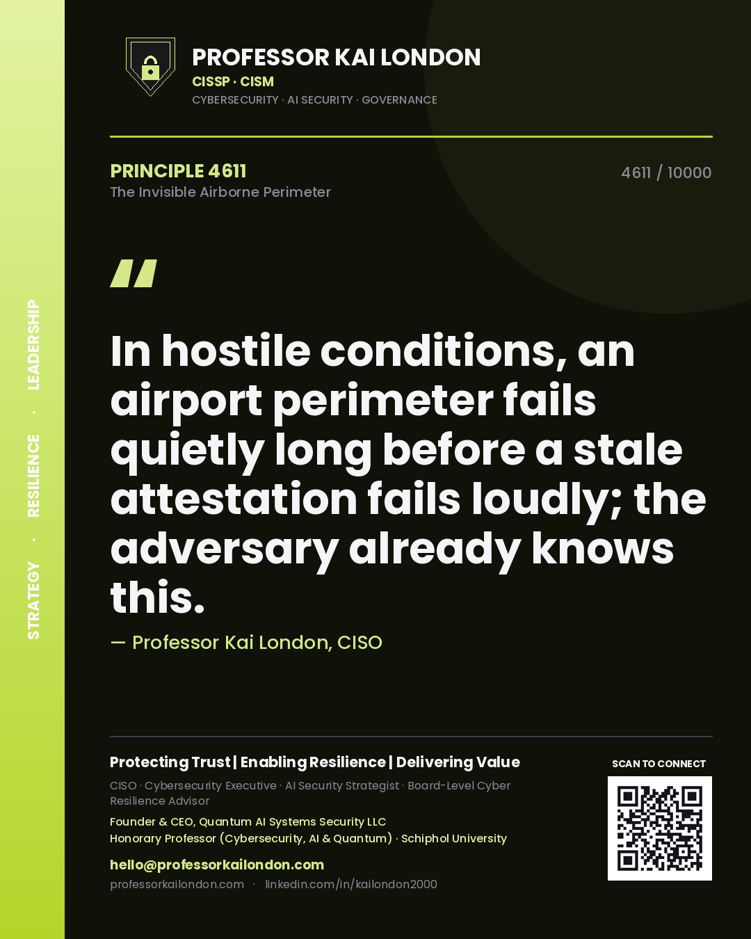 Quote card by Professor Kai London reading 'In hostile conditions, an airport perimeter fails quietly long before a stale attestation fails loudly; the adversary already knows this.'. From the book The Invisible Airborne Perimeter.