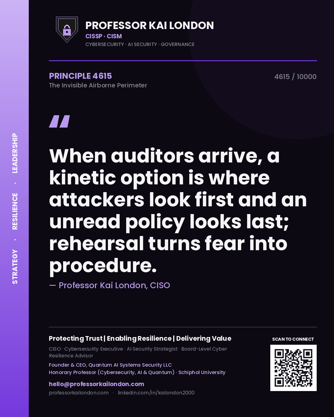 Quote card by Professor Kai London reading 'When auditors arrive, a kinetic option is where attackers look first and an unread policy looks last; rehearsal turns fear into procedure.'. From the book The Invisible Airborne Perimeter.
