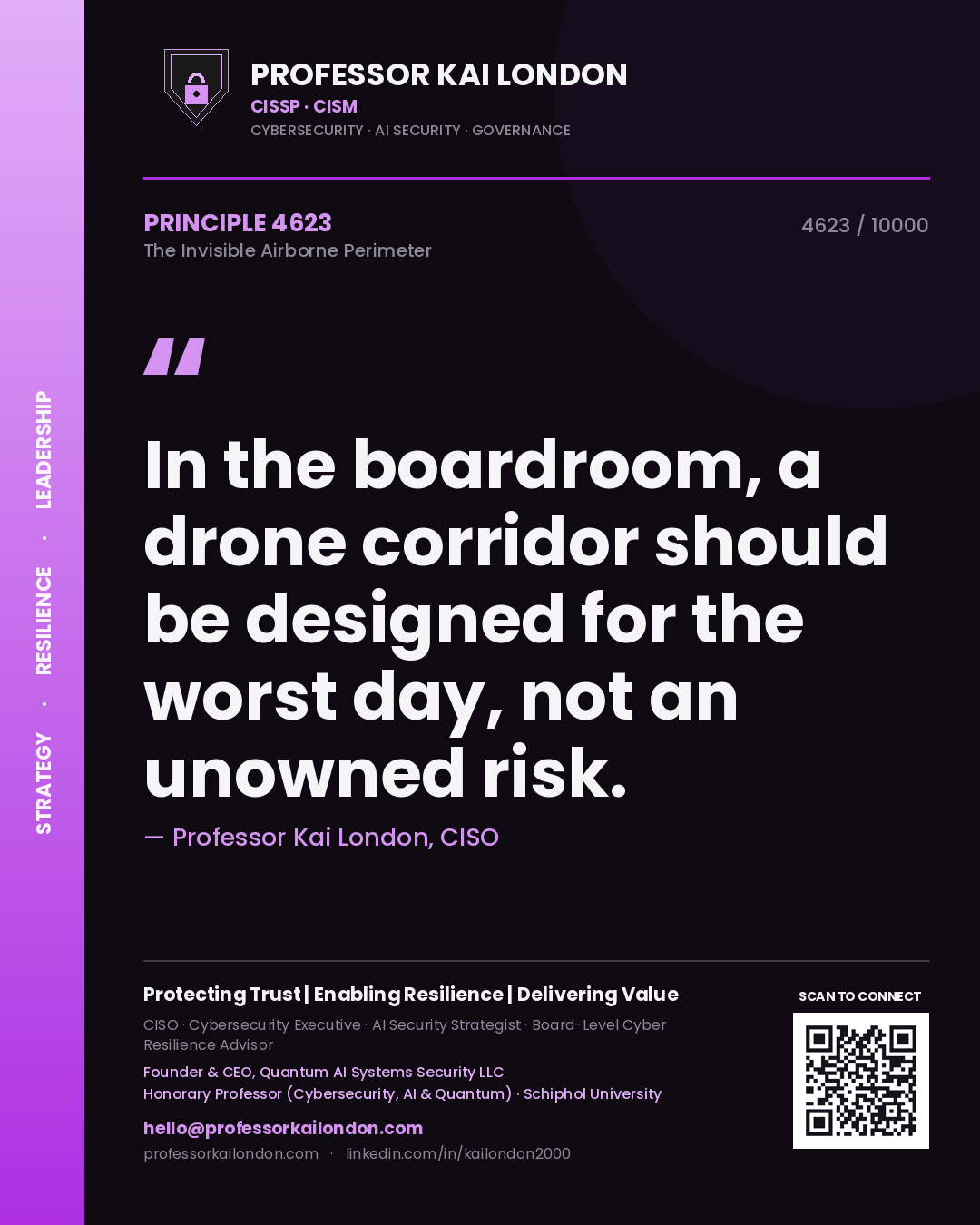 Quote card by Professor Kai London reading 'In the boardroom, a drone corridor should be designed for the worst day, not an unowned risk.'. From the book The Invisible Airborne Perimeter.
