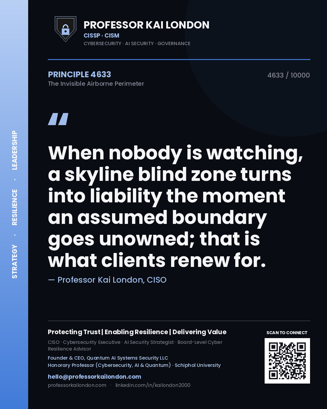 Quote card by Professor Kai London reading 'When nobody is watching, a skyline blind zone turns into liability the moment an assumed boundary goes unowned; that is what clients renew for.'. From the book The Invisible Airborne Perimeter.