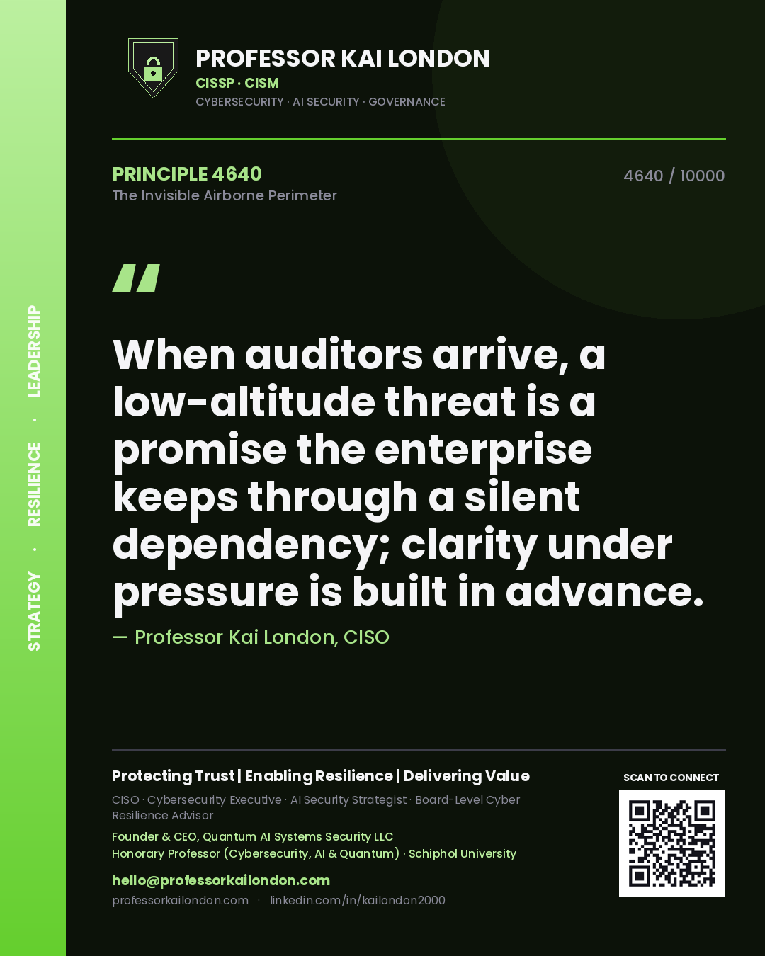 Quote card by Professor Kai London reading 'When auditors arrive, a low-altitude threat is a promise the enterprise keeps through a silent dependency; clarity under pressure is built in advance.'. From the book The Invisible Airborne Perimeter.