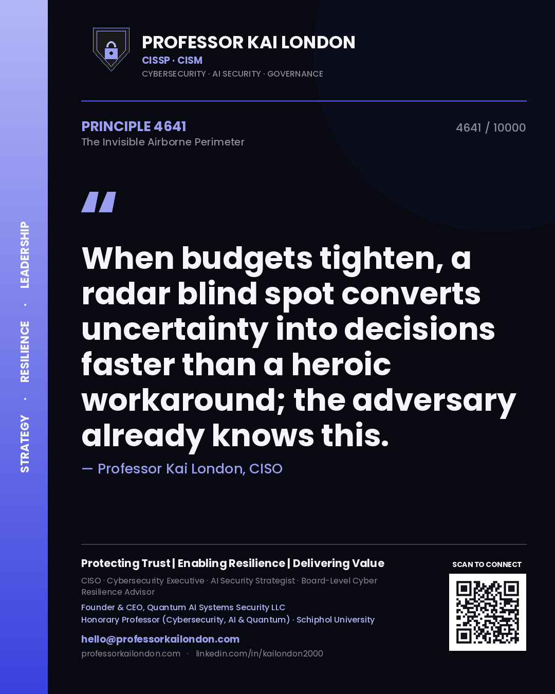 Quote card by Professor Kai London reading 'When budgets tighten, a radar blind spot converts uncertainty into decisions faster than a heroic workaround; the adversary already knows this.'. From the book The Invisible Airborne Perimeter.