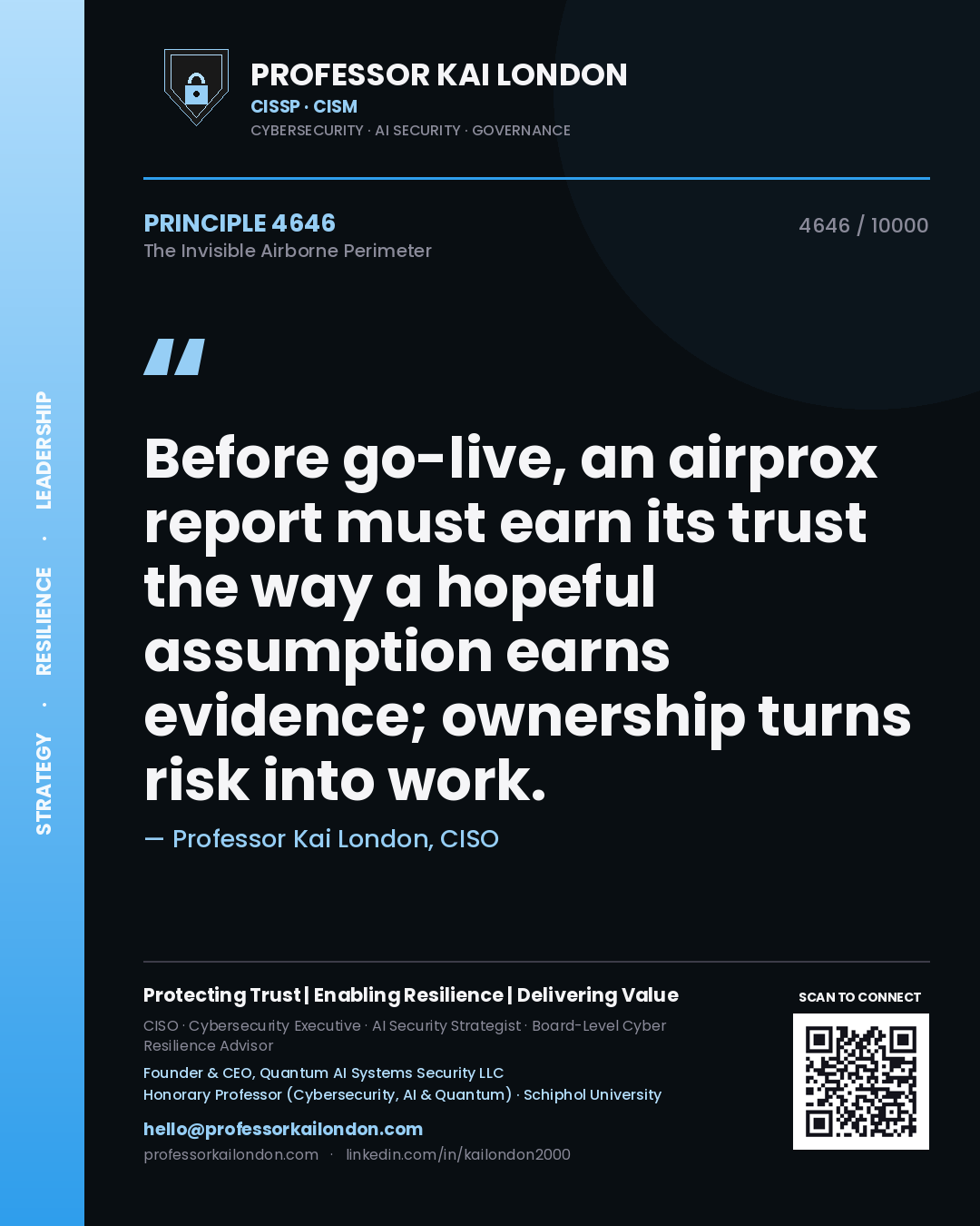 Quote card by Professor Kai London reading 'Before go-live, an airprox report must earn its trust the way a hopeful assumption earns evidence; ownership turns risk into work.'. From the book The Invisible Airborne Perimeter.